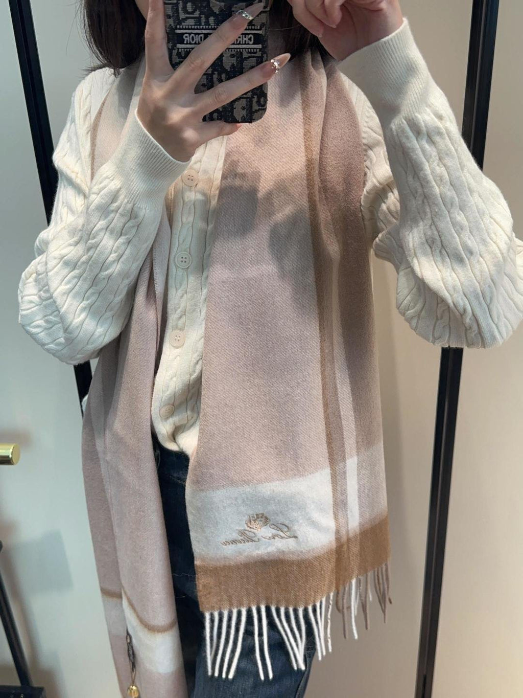 Loro Piana Plaid Fringe Scarf — model