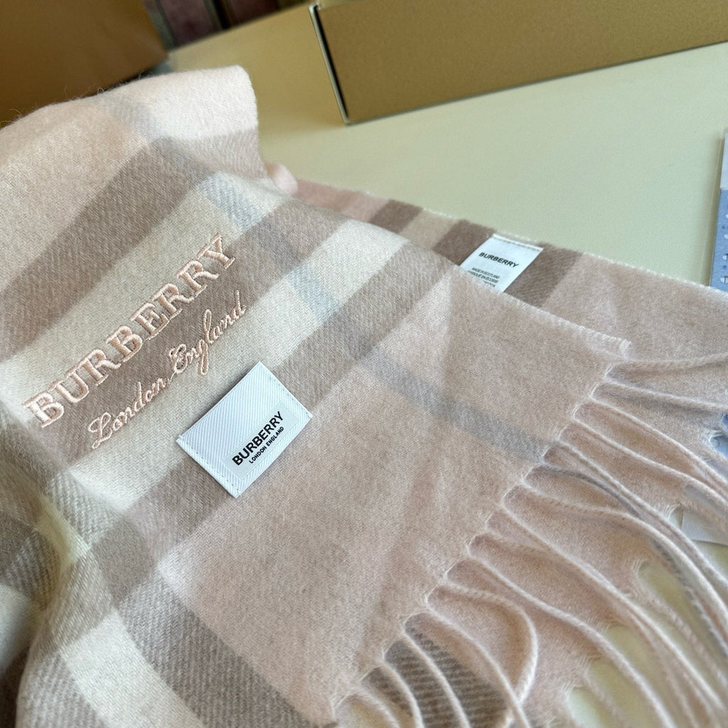 Burberry Blush Pink Plaid Fringed Scarf — detail