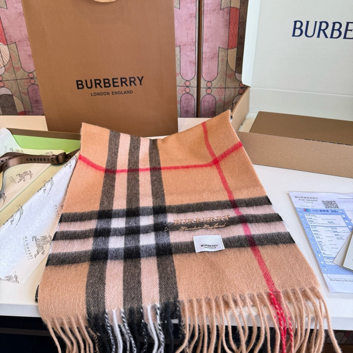 Burberry Blush Pink Plaid Fringed Scarf — front