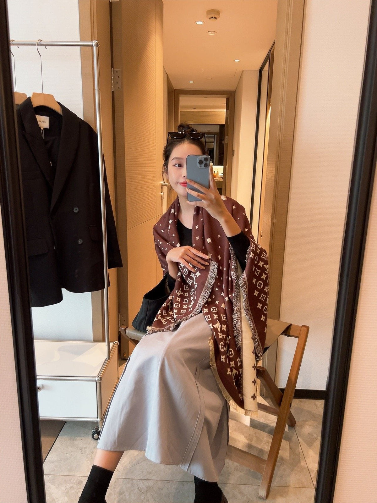 Louis Vuitton Starry Monogram Fringed Wrap — model