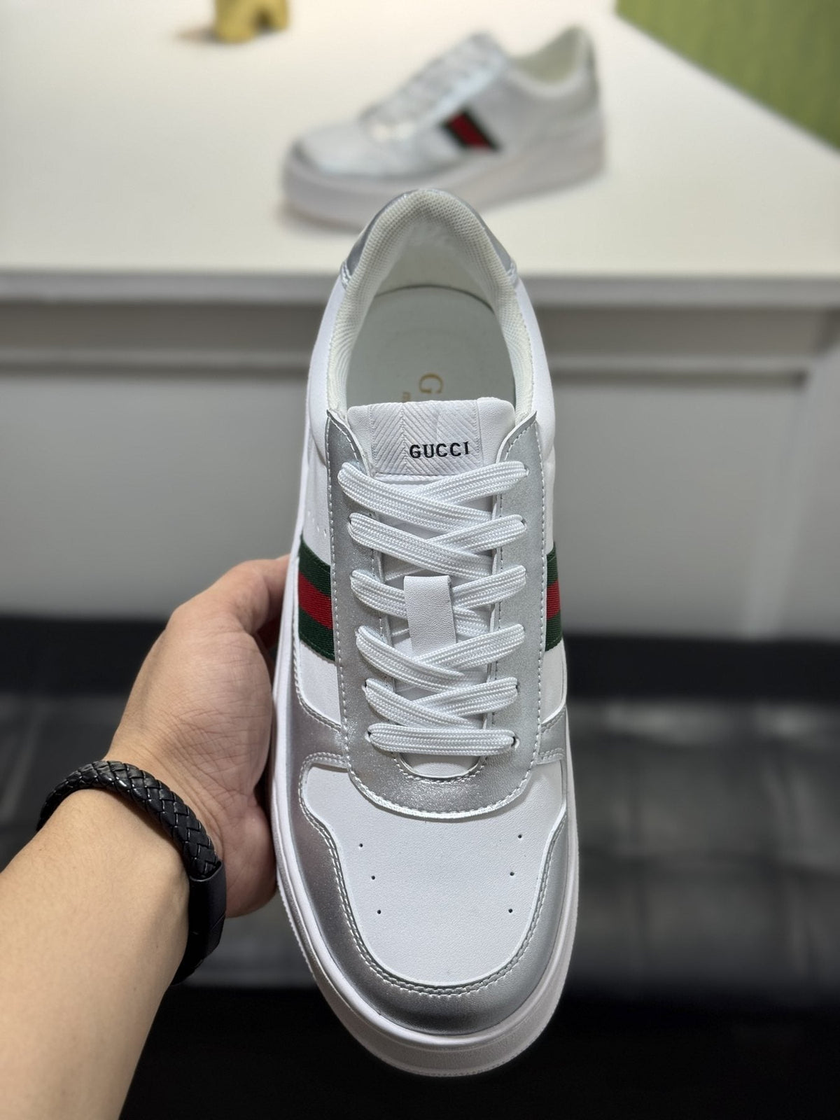 Gucci White Green-Red Stripe Sneakers — front
