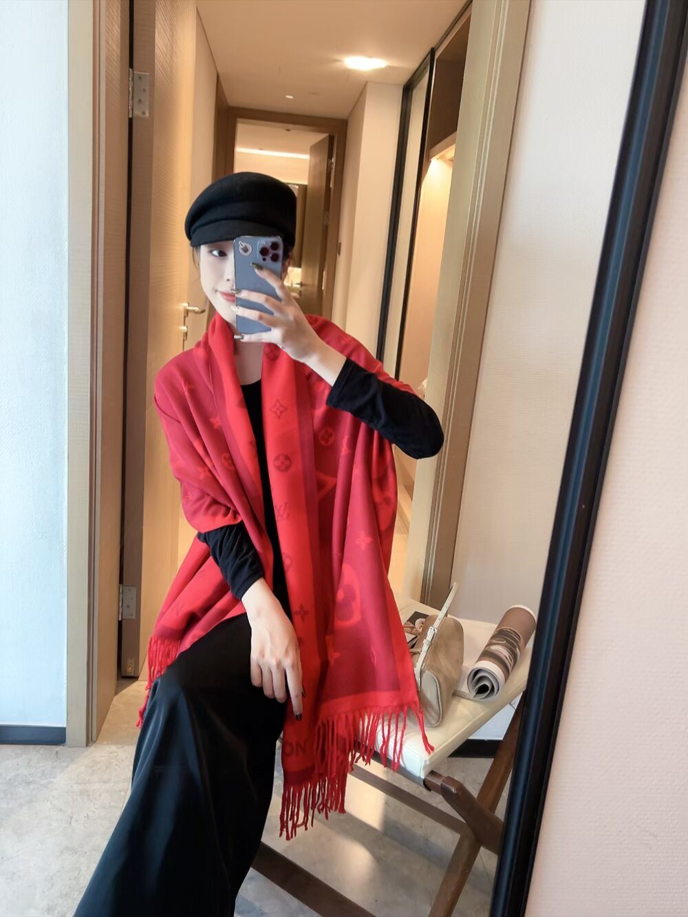 Louis Vuitton Fringed Monogram Scarf — model