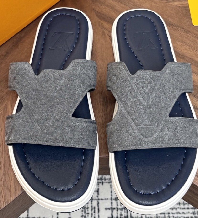Louis Vuitton Embossed Navy Blue Slide Sandals — front