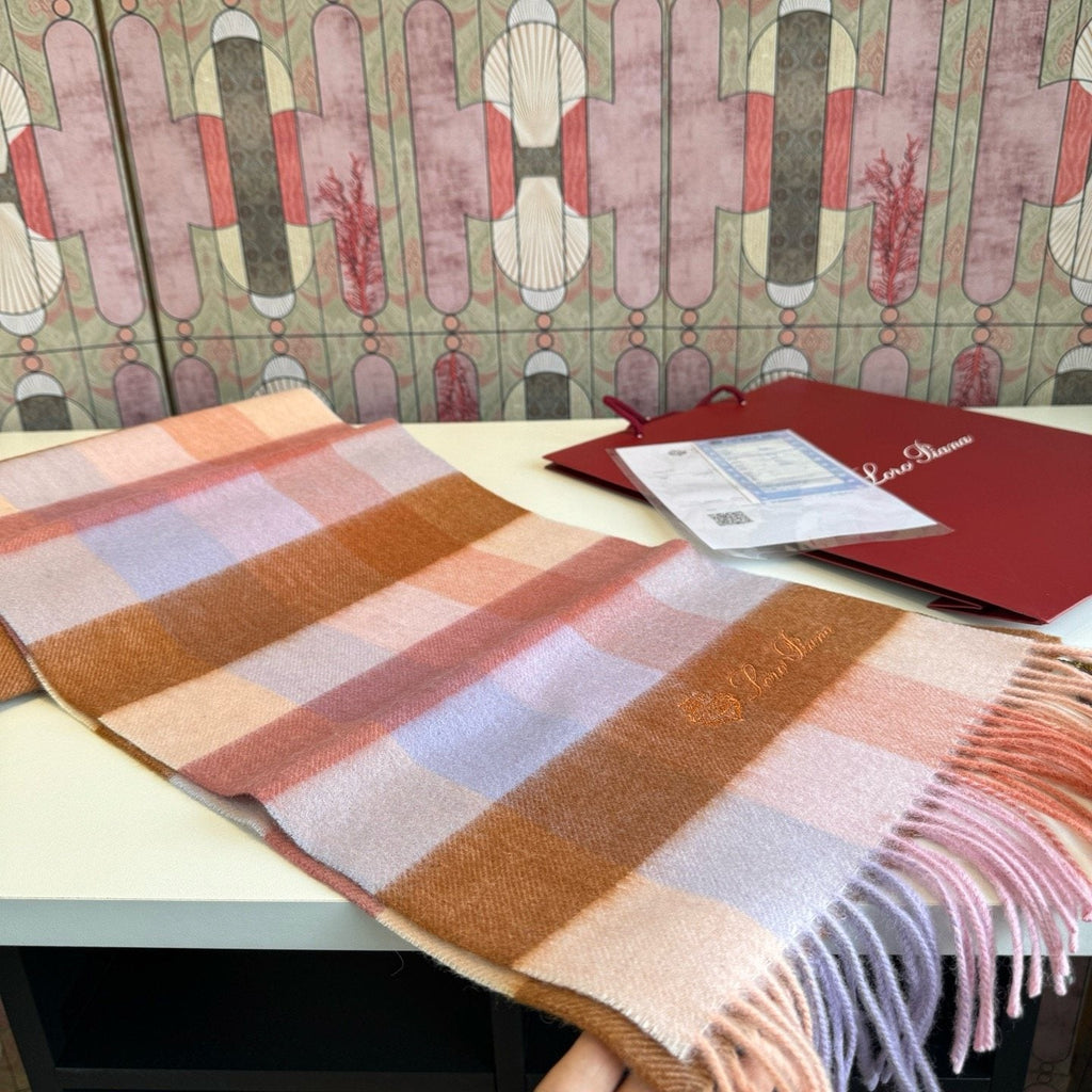 Loro Piana Pink Tan Lavender Plaid Scarf — front