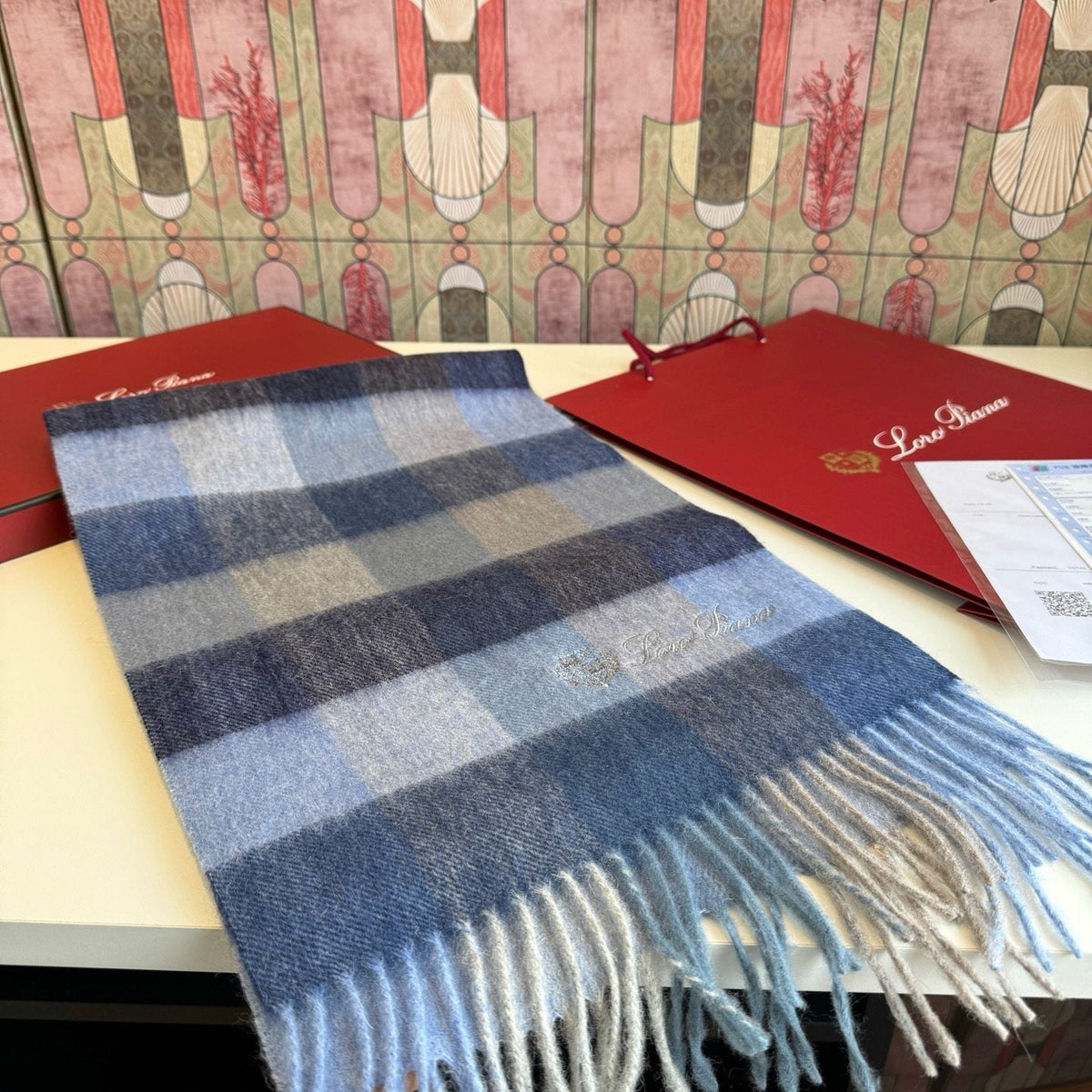 Loro Piana Pink Tan Lavender Plaid Scarf — front