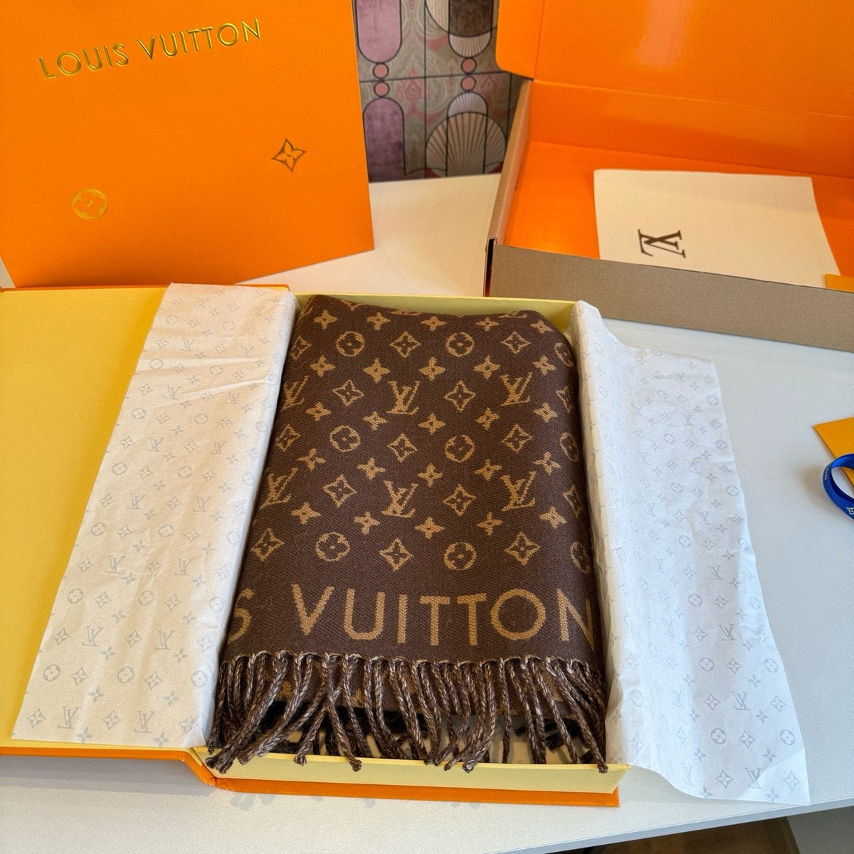 Louis Vuitton Brown Monogram Fringe Scarf — front