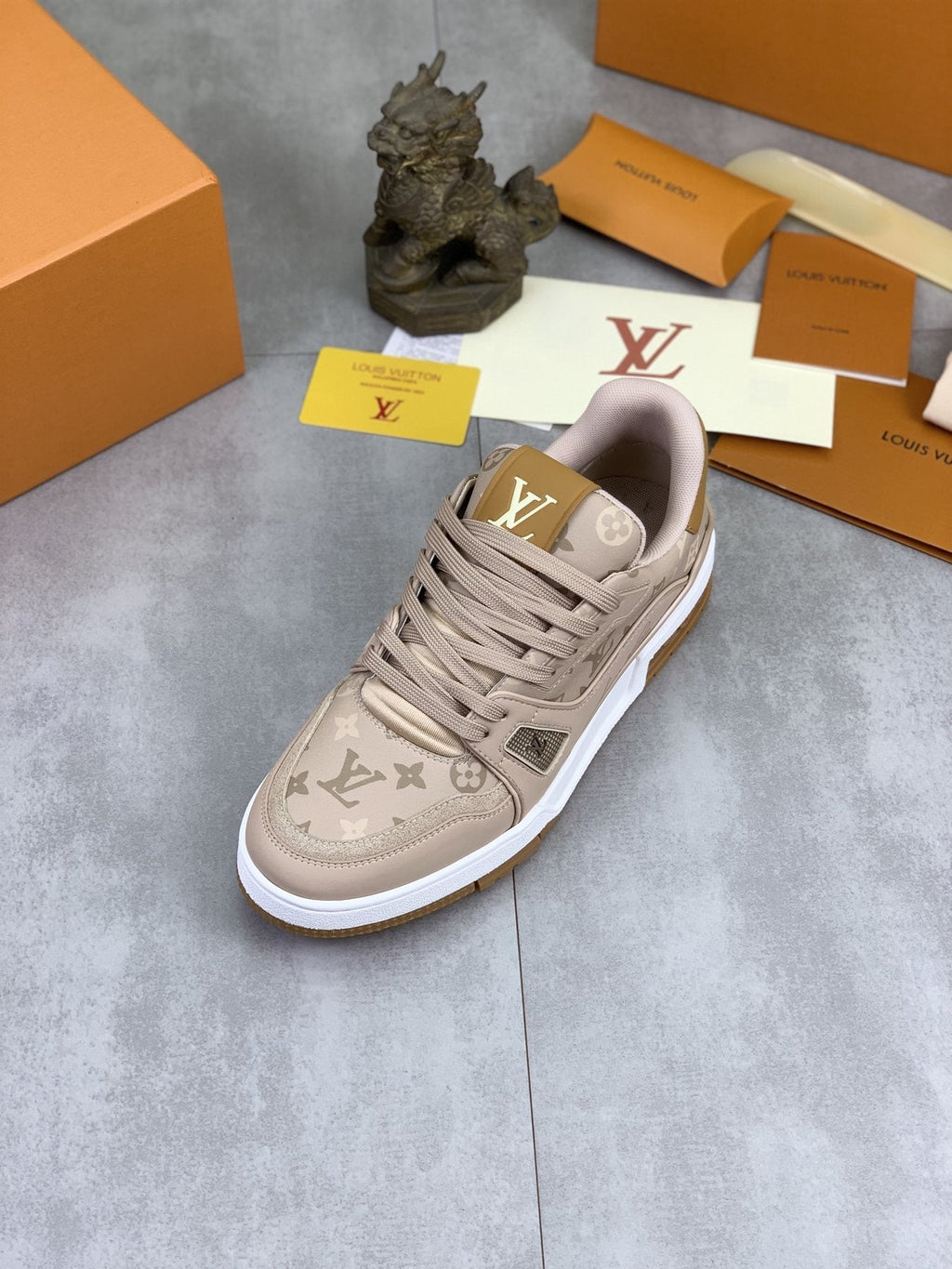 Louis Vuitton Beige, White & Gold Low-Top Sneakers — front