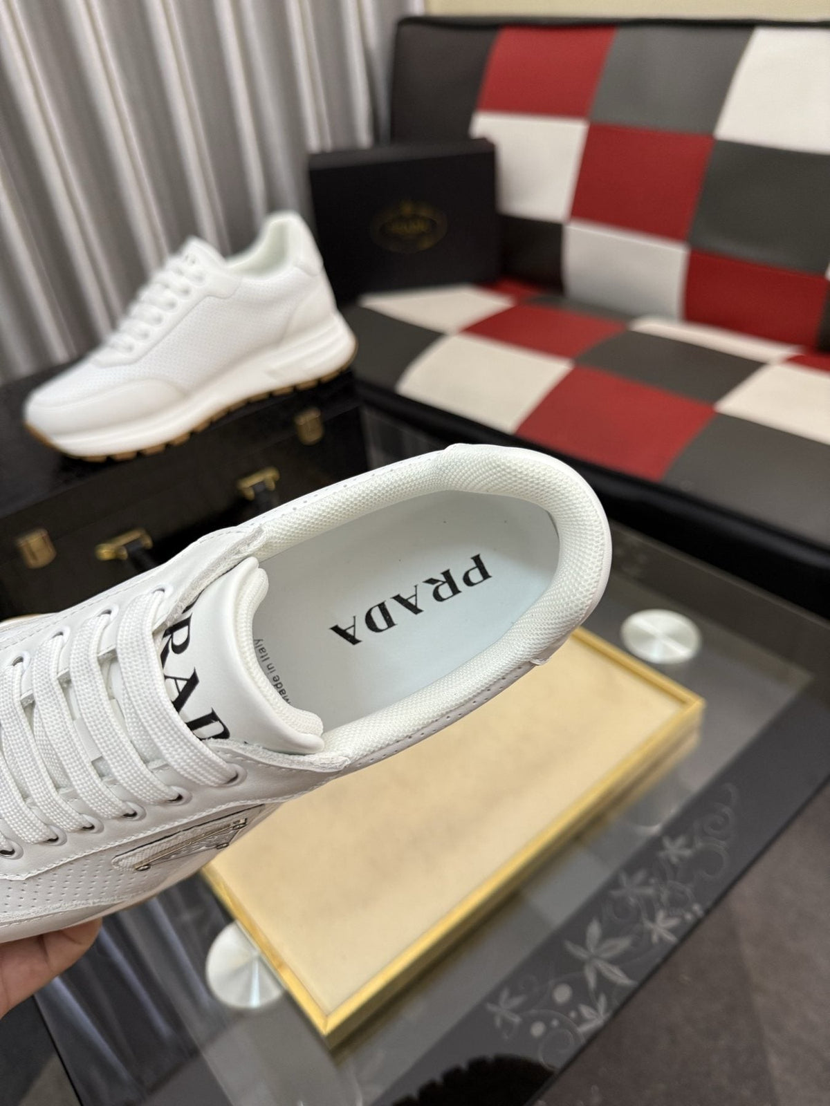 Prada Triangle Plaque Lace-Up Sneakers — detail