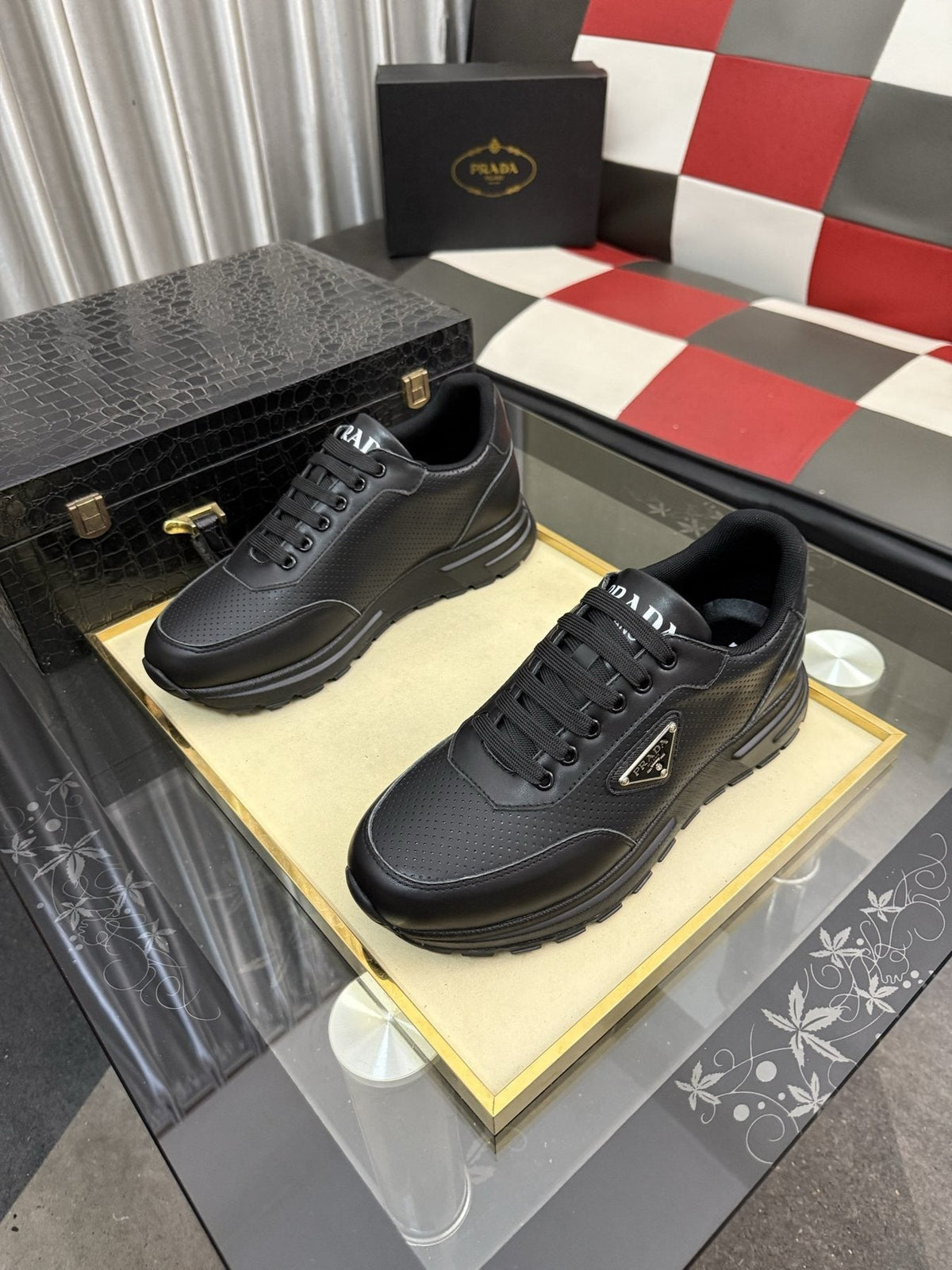 Prada Triangle Plaque Lace-Up Sneakers — front