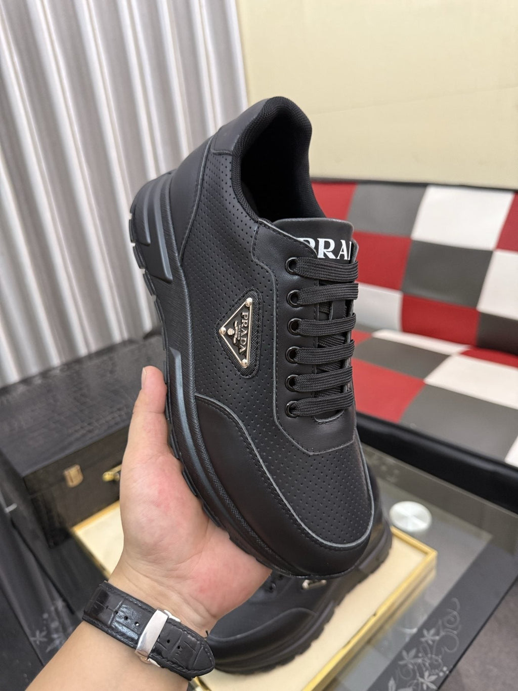 Prada Triangle Plaque Lace-Up Sneakers — side