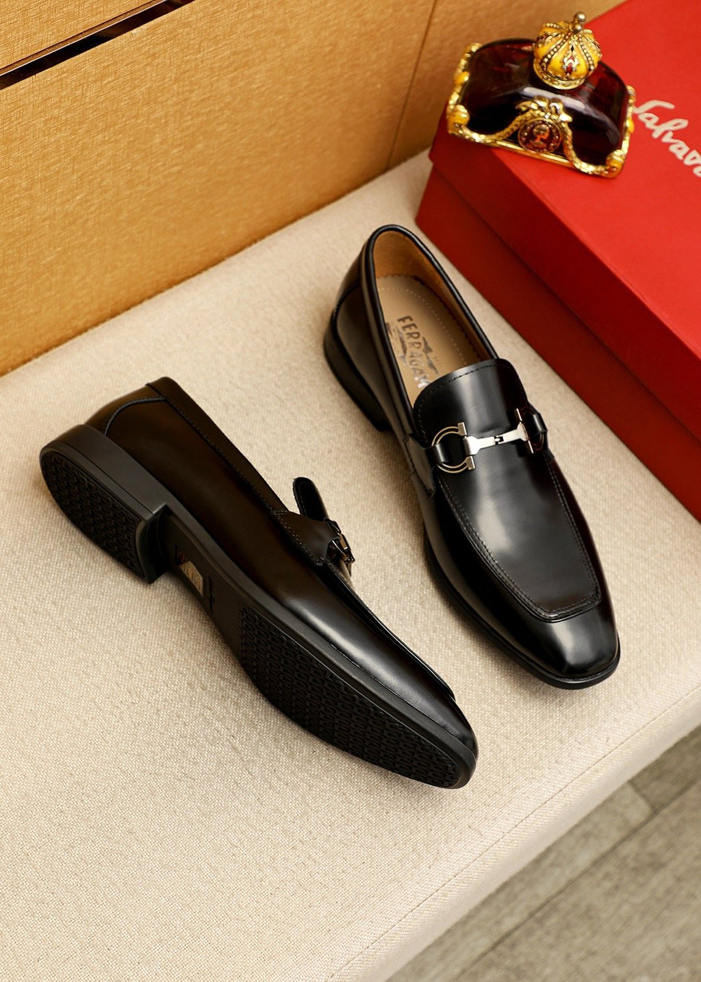 Salvatore Ferragamo Black Buckle Loafers — front