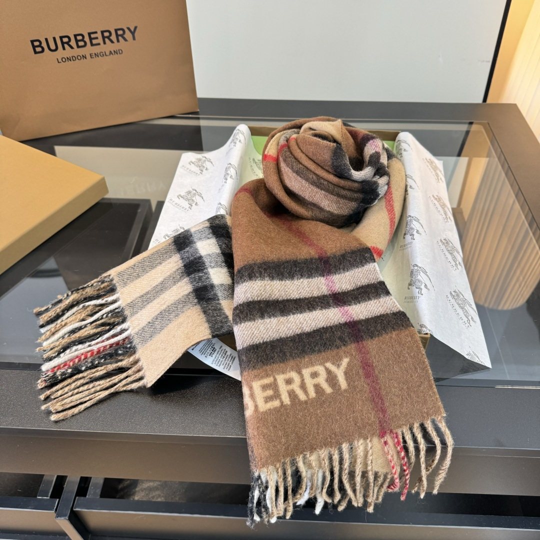 Burberry Tan Brown Plaid Fringe Scarf — side