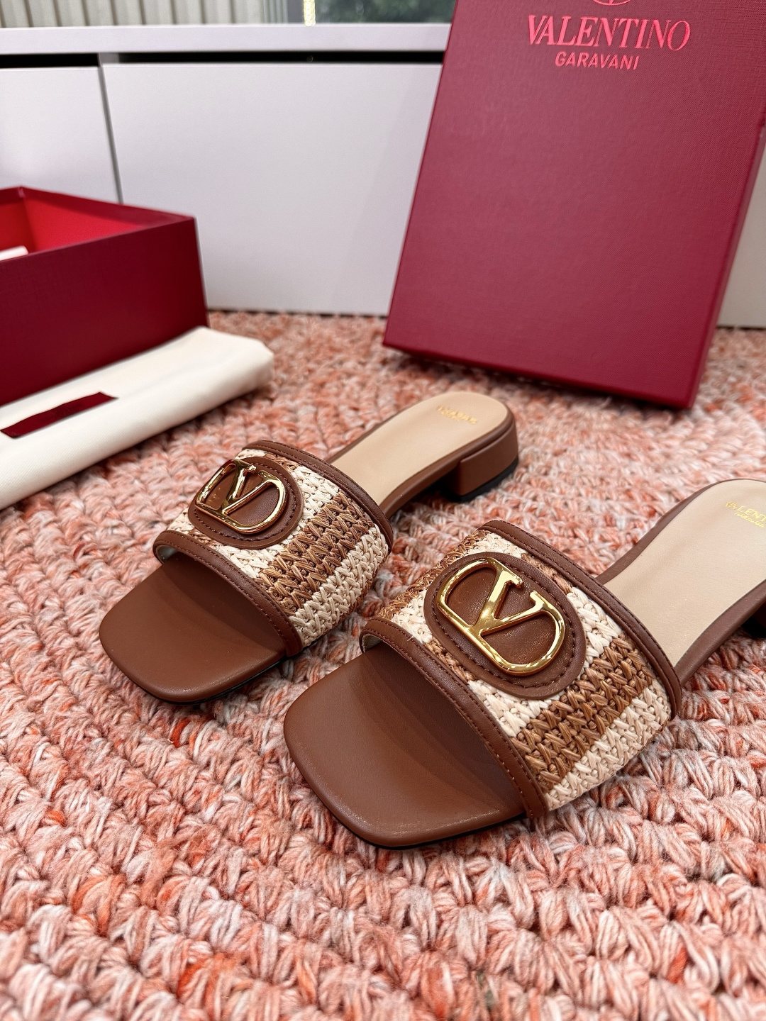 Valentino Brown Woven Strap Slide Sandals — hero