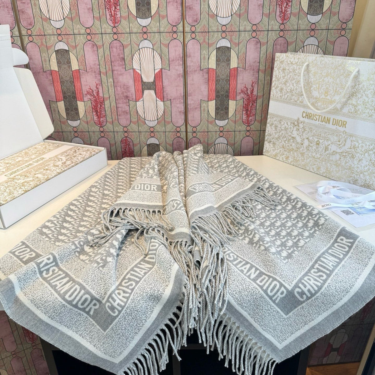 Dior Fringed Monogram Scarf — front