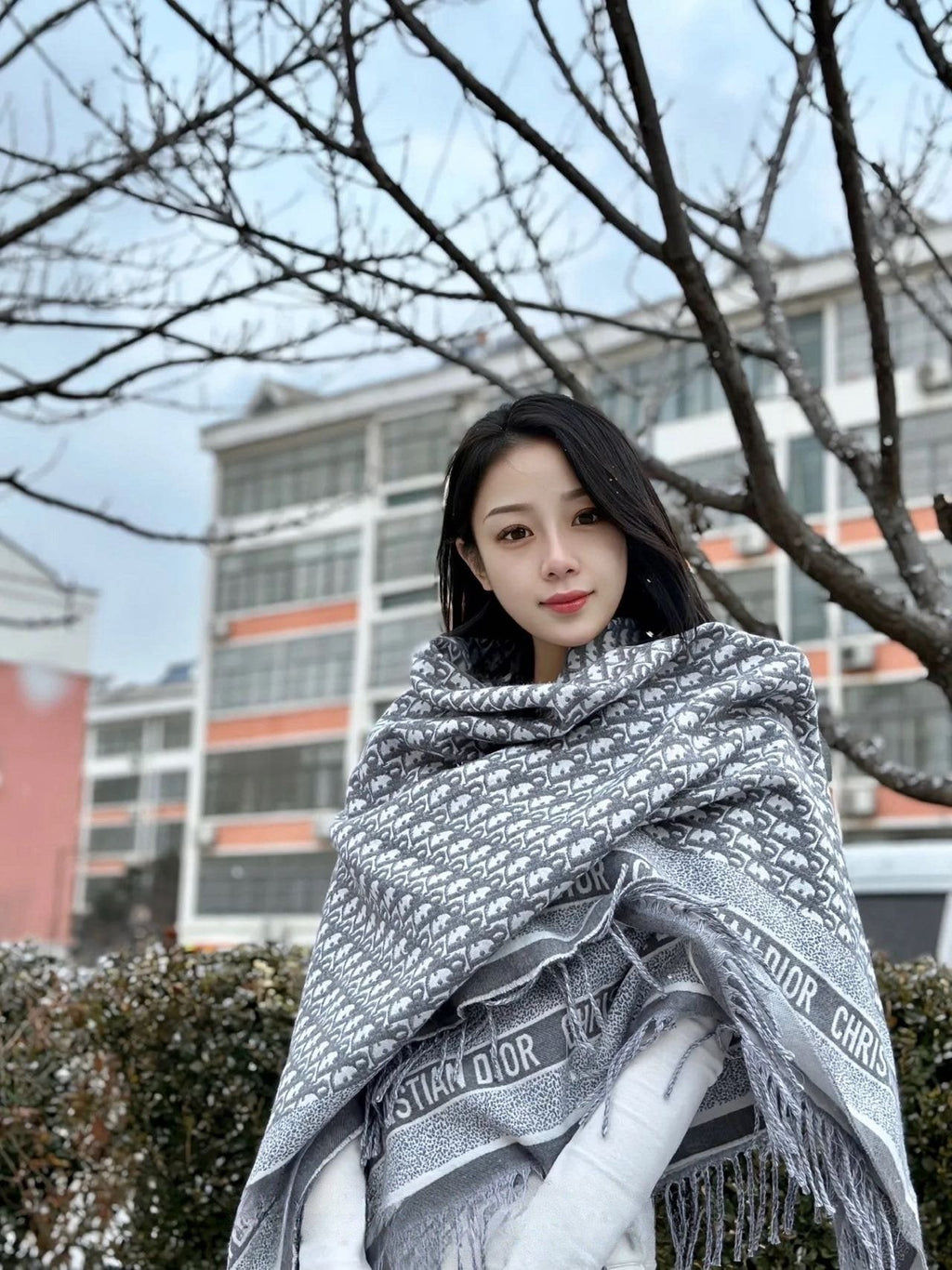 Dior Fringed Monogram Scarf — model