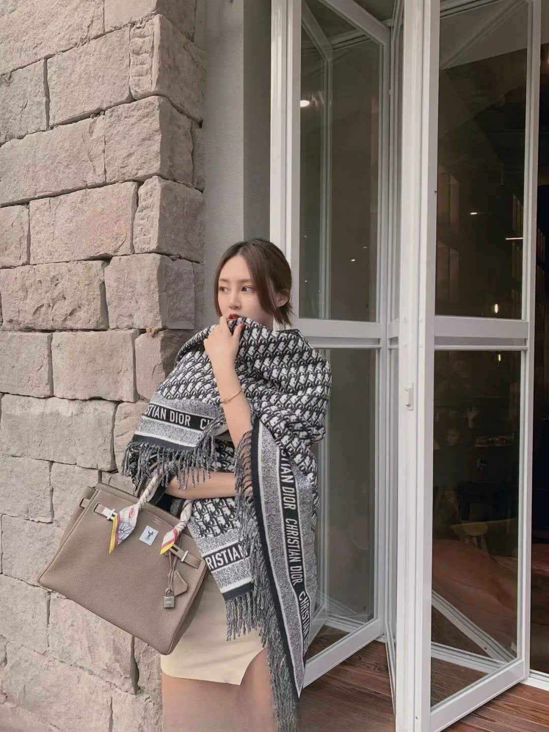 Dior Fringed Monogram Scarf — model