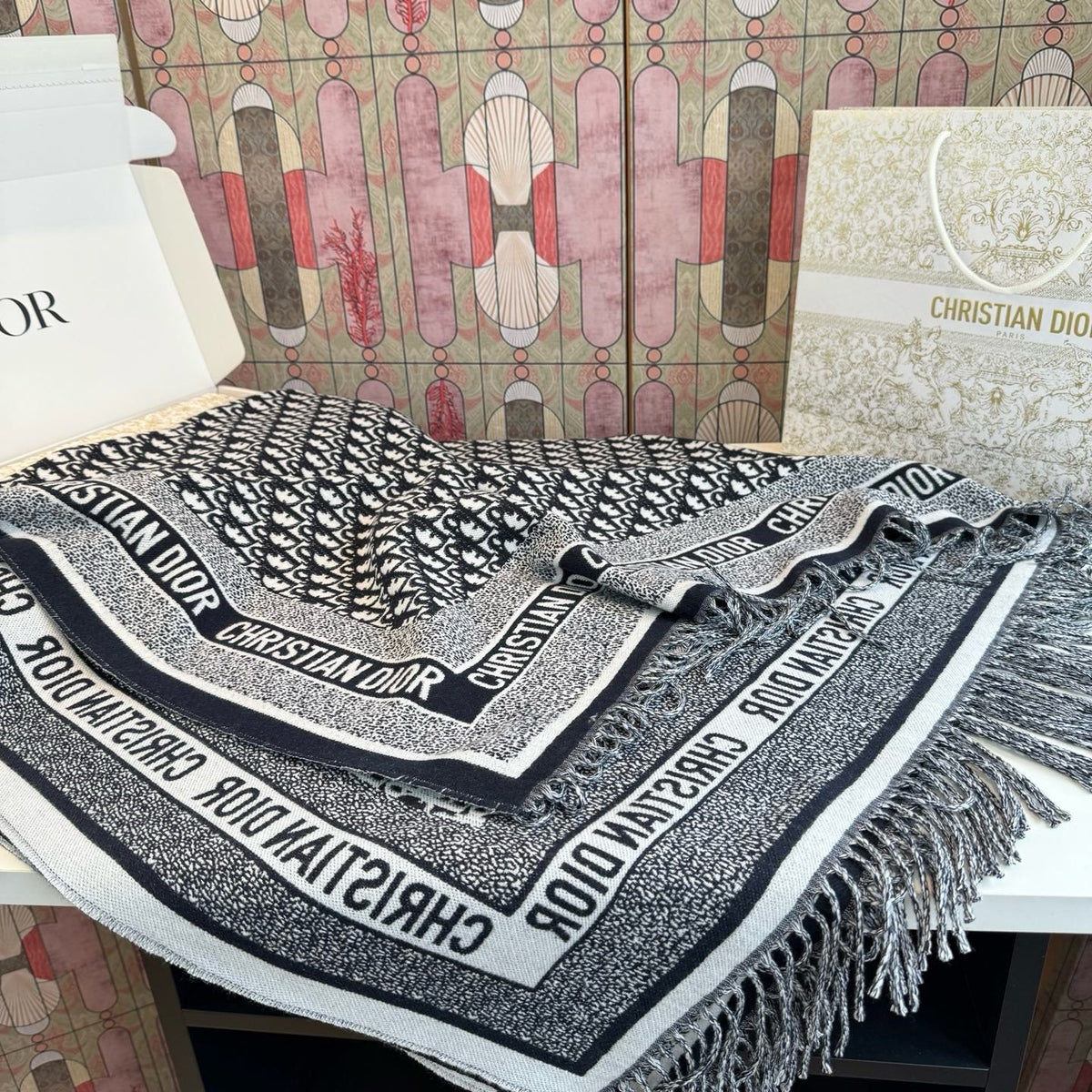 Dior Graphic Fringe Square Scarf — hero