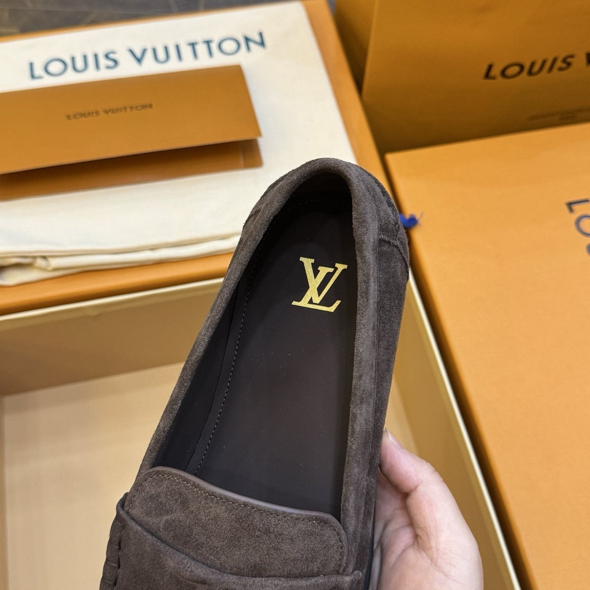 Louis Vuitton Charcoal Gray Suede Loafers — detail