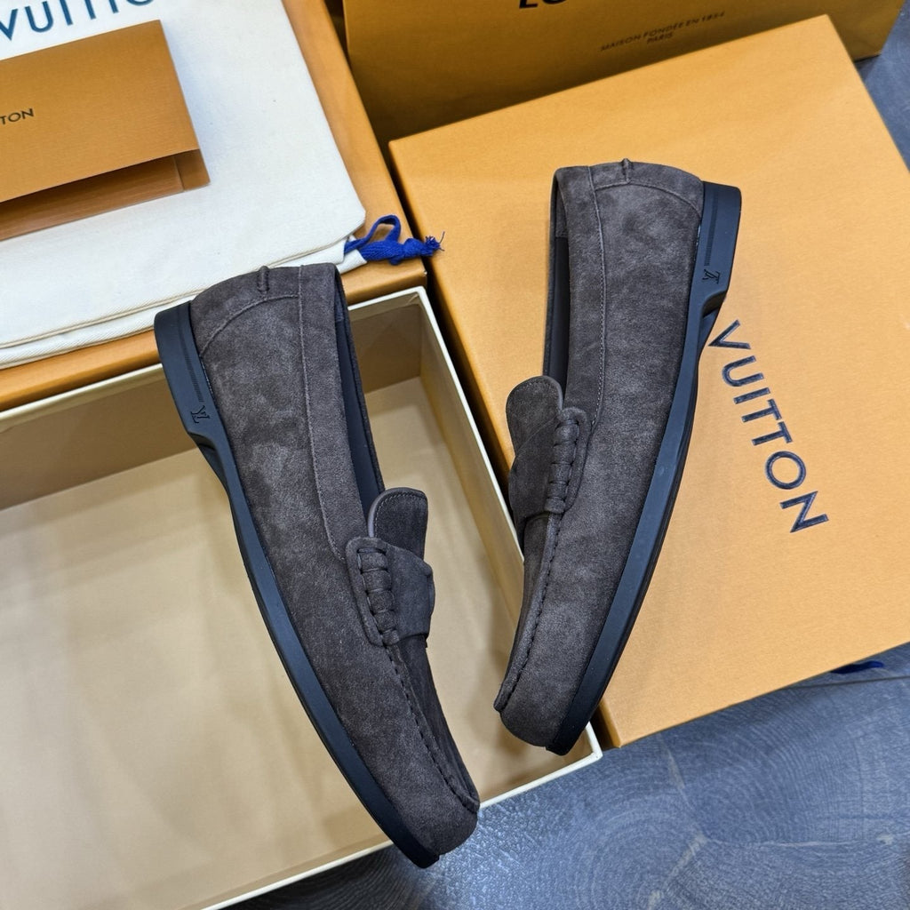 Louis Vuitton Charcoal Gray Suede Loafers — side