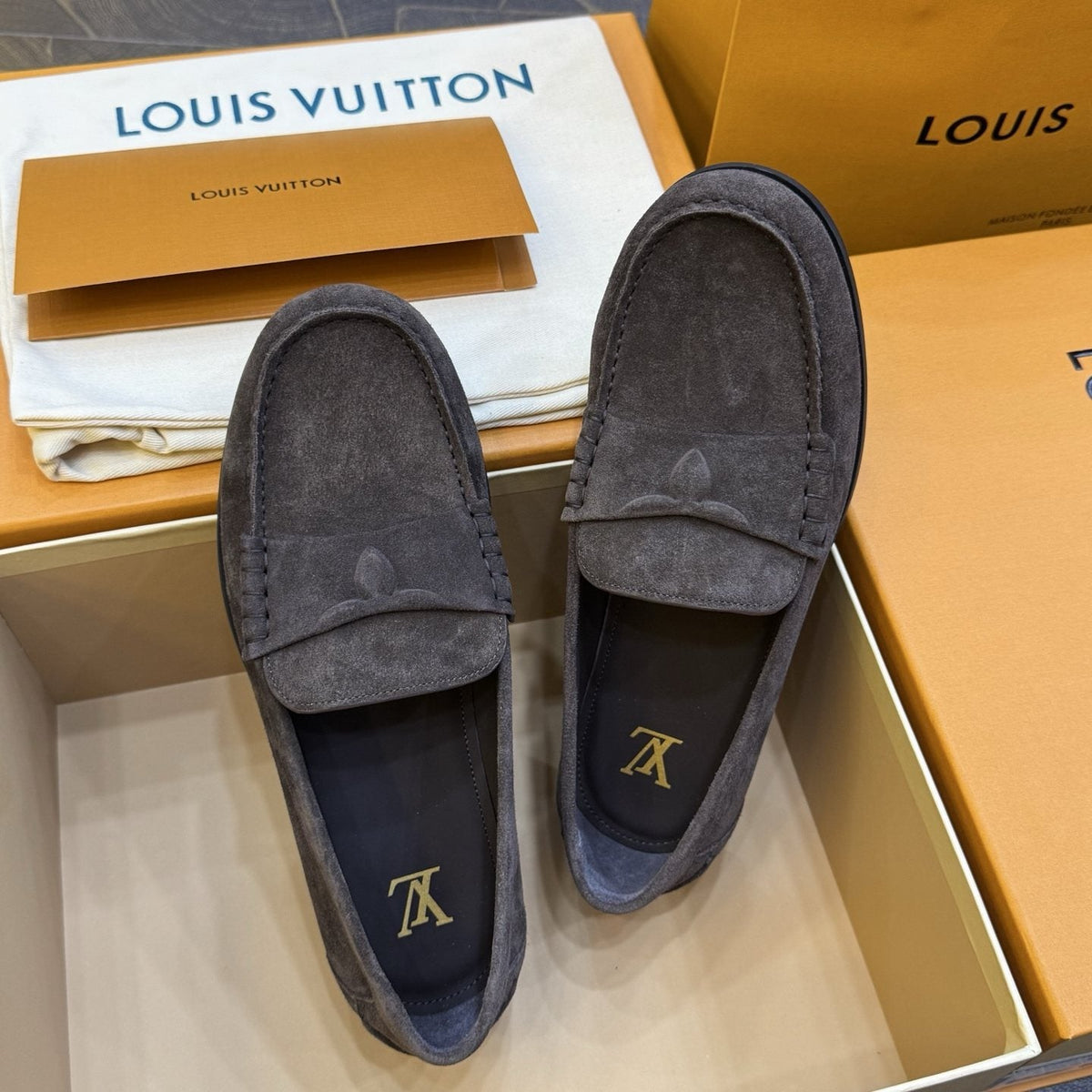 Louis Vuitton Charcoal Gray Suede Loafers — front