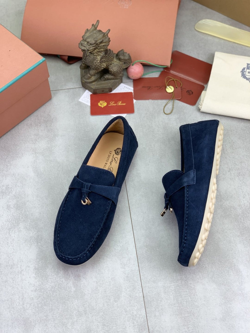 Loro Piana Navy Blue Moc-Toe Loafers — side
