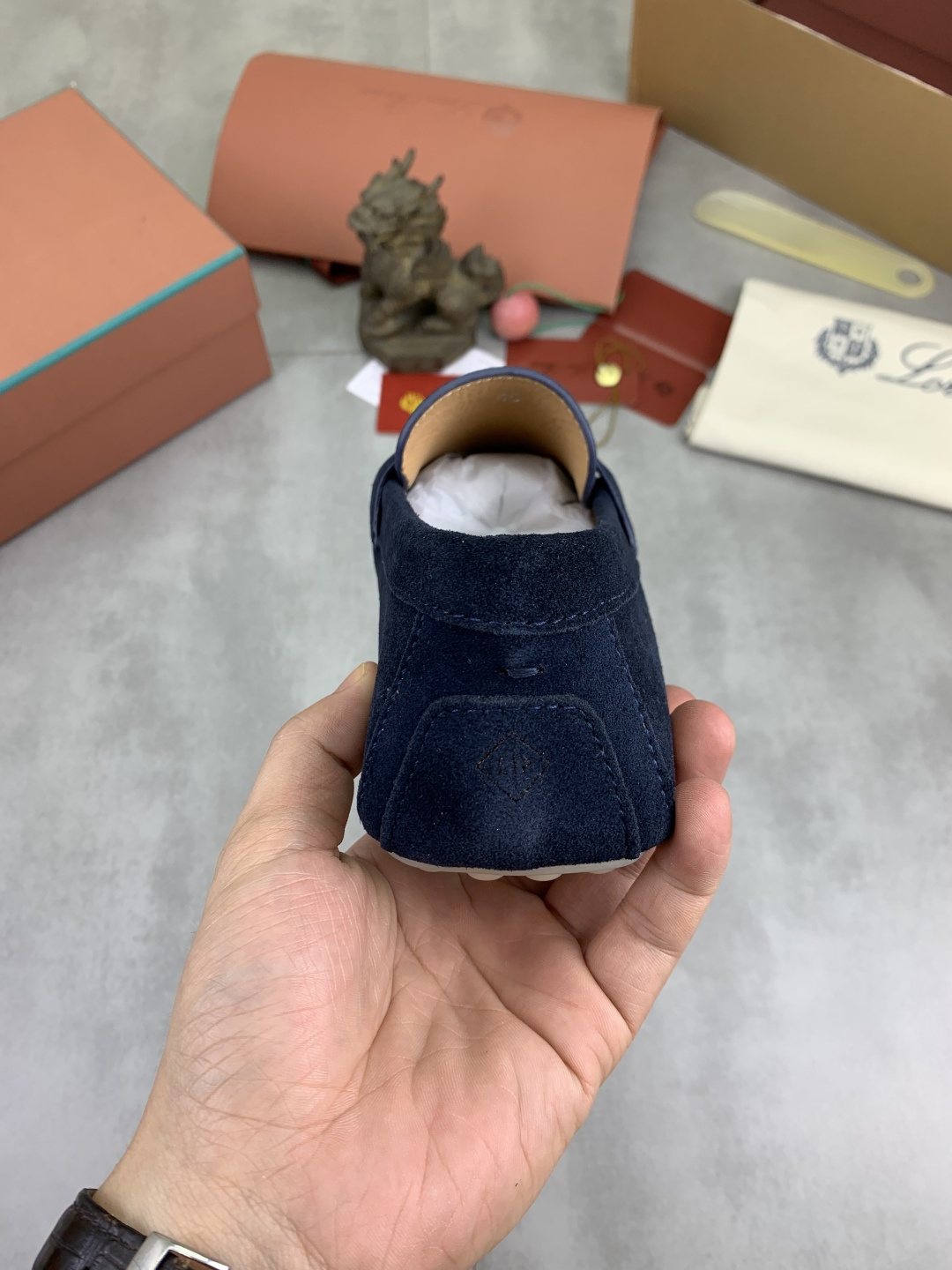 Loro Piana Navy Blue Moc-Toe Loafers — back