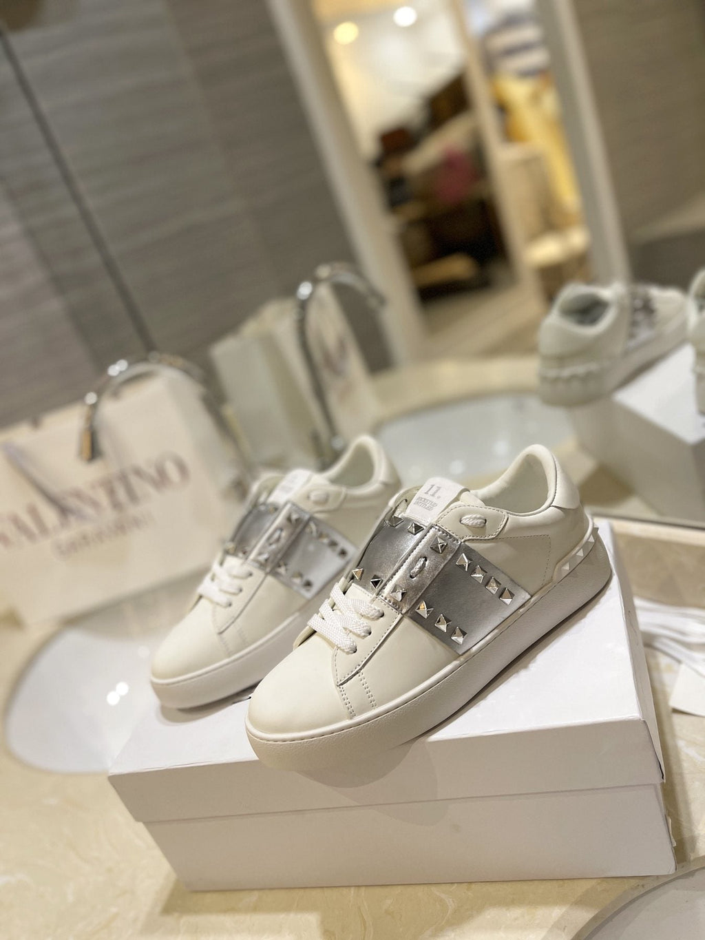 Valentino White Silver Studded Low-Top Sneakers — front
