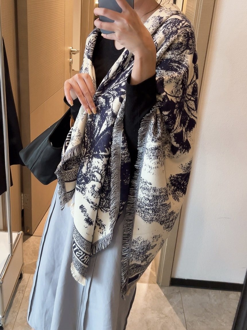 Dior Botanical Print Fringe Square Scarf — model