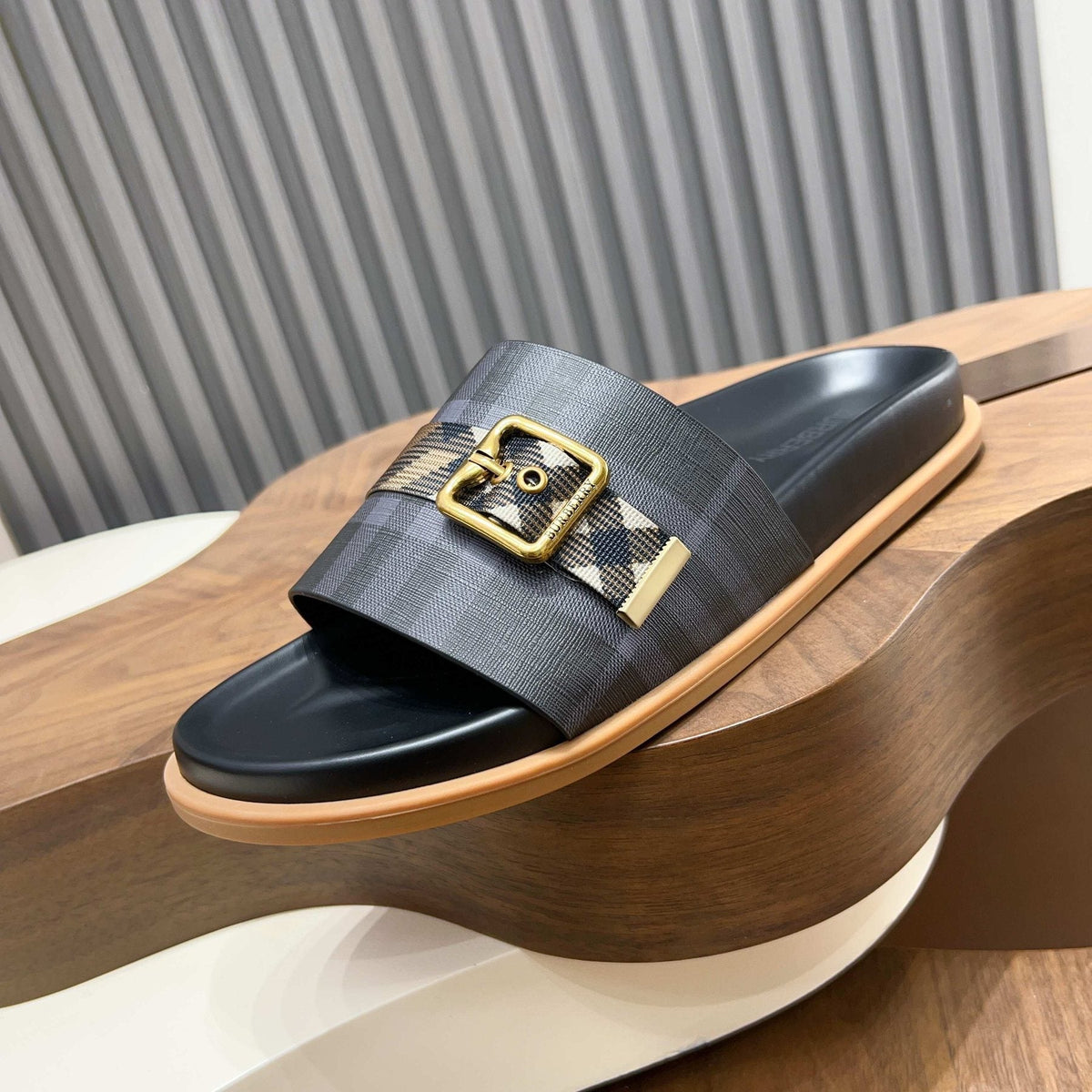 Plaid Buckle Slide Sandals — side