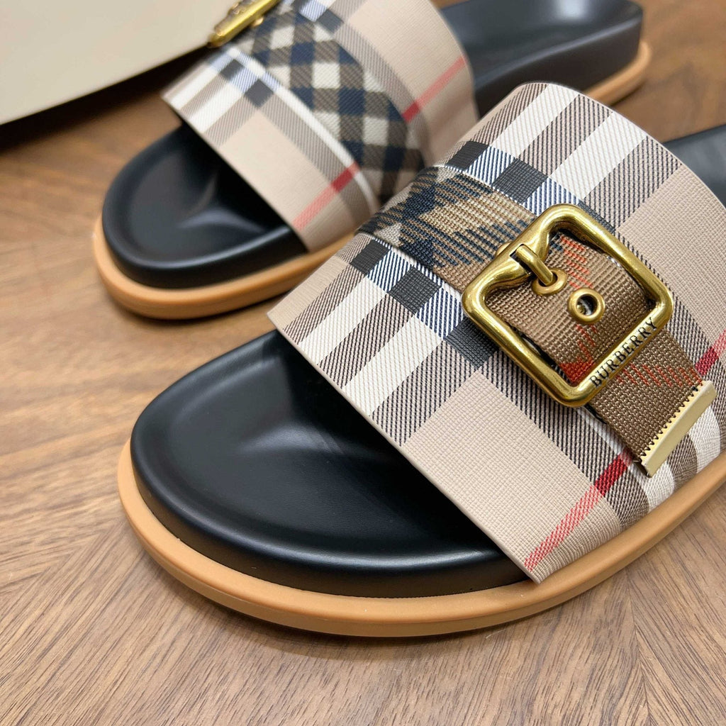 Plaid Buckle Slide Sandals — detail