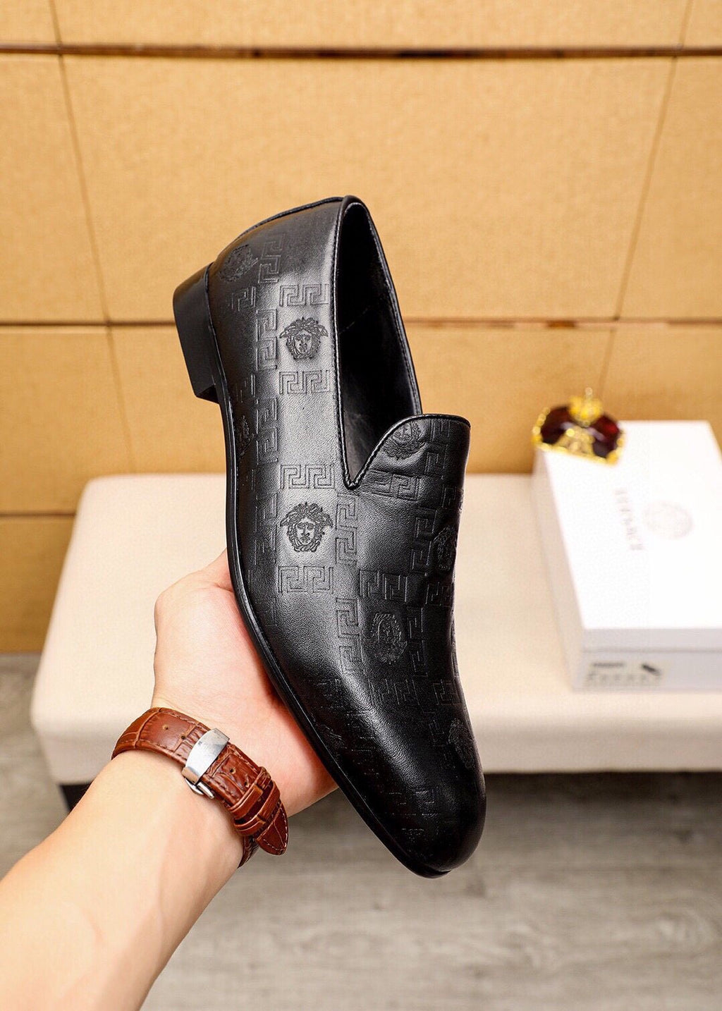 Versace Embossed Leather Slip-On Shoes — model