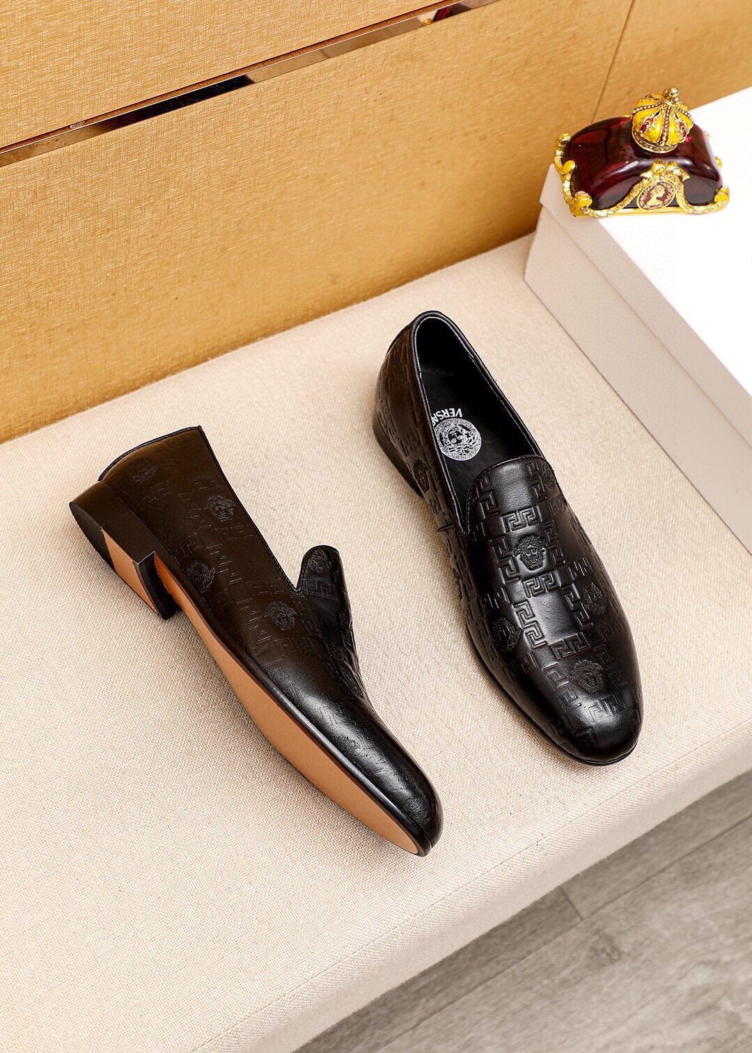 Versace Embossed Leather Slip-On Shoes — front