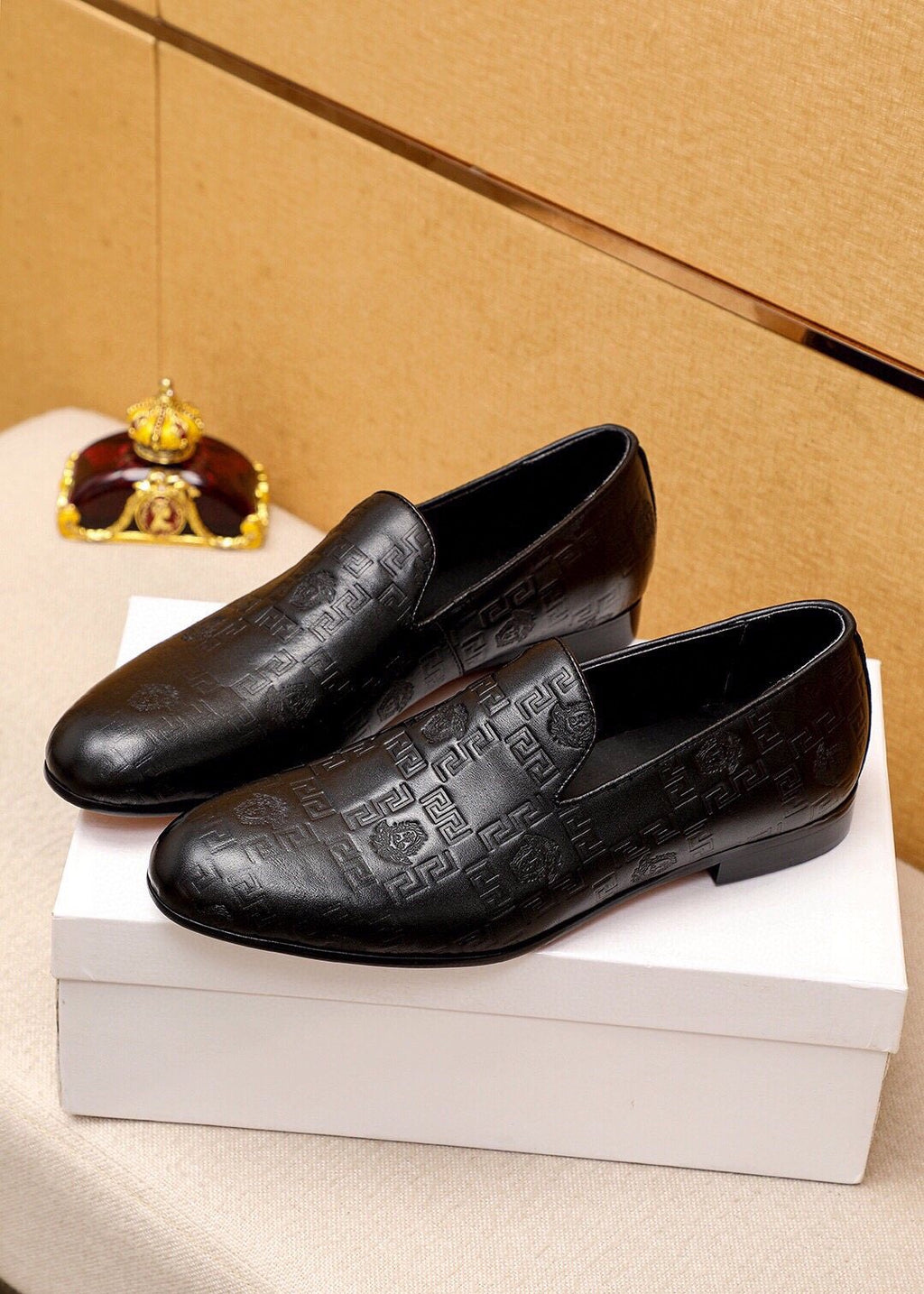 Versace Embossed Leather Slip-On Shoes — front