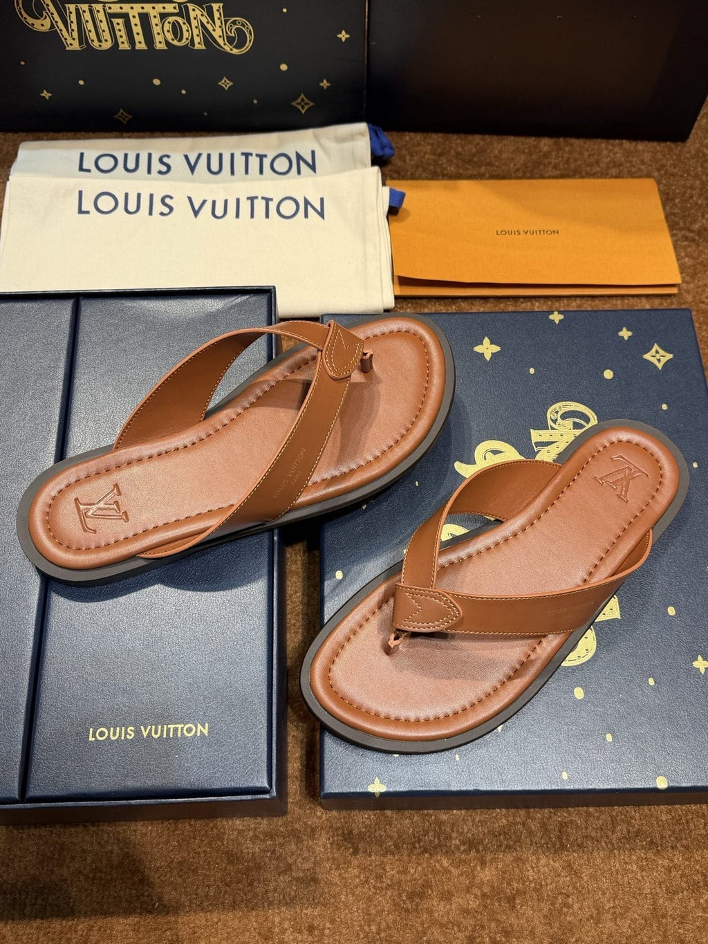 Louis Vuitton Tan Brown Thong Sandals — side