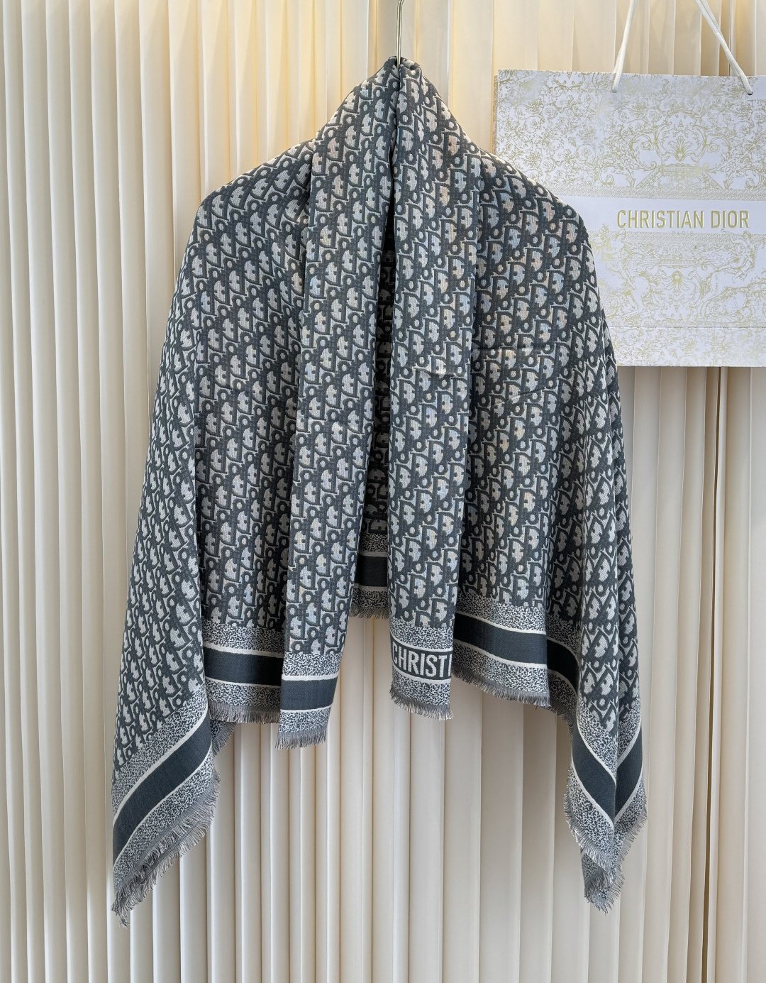 Black & Gray Patterned Fringed Shawl — hero