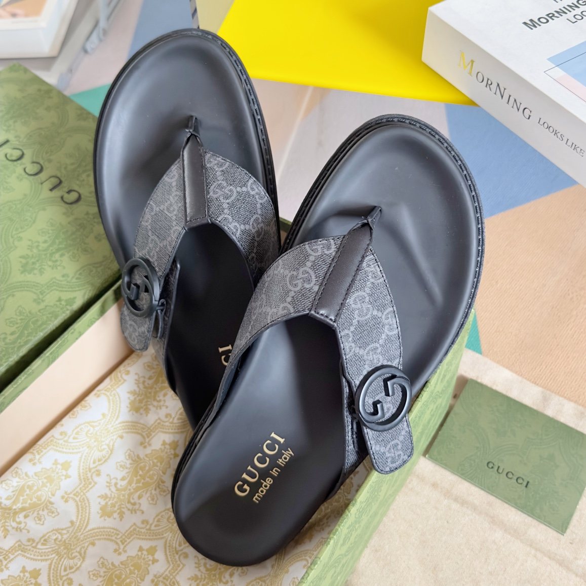 Gucci Black and Gray Monogram Toe-Post Sandals — front
