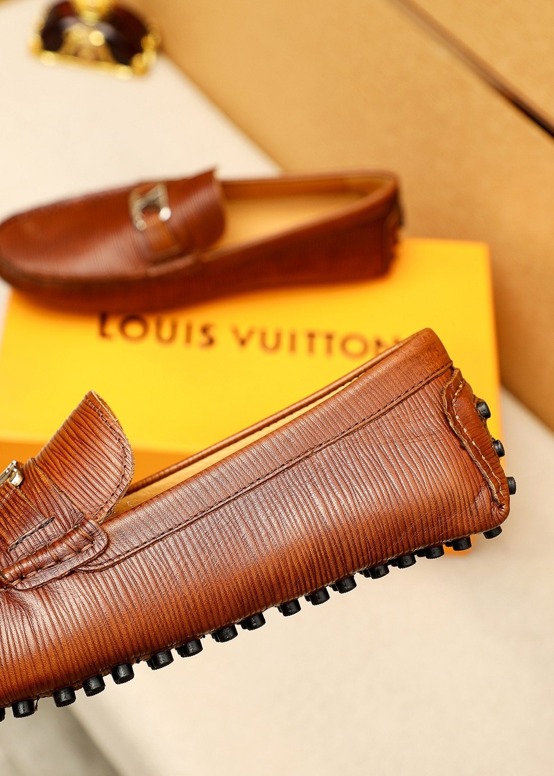 Louis Vuitton Brown Textured Driving Shoes — detail