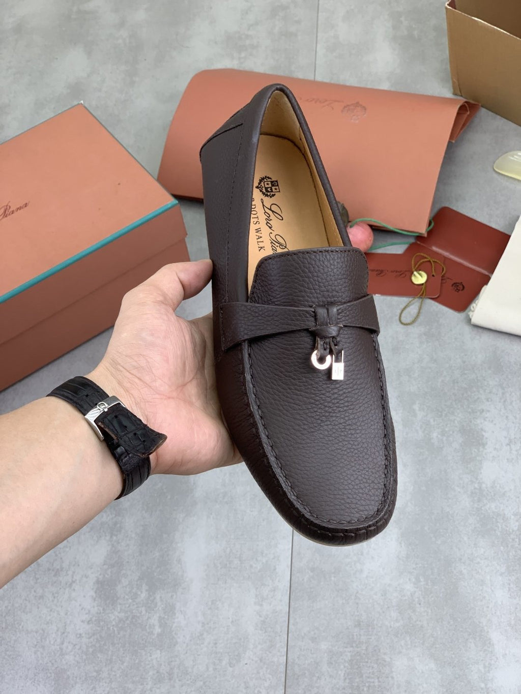 Loro Piana Dark Brown Metal-Bit Loafers — front