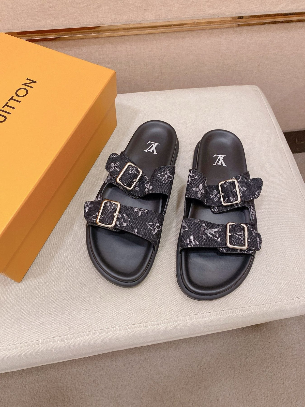 Louis Vuitton Double-Buckle Slide Sandals — front