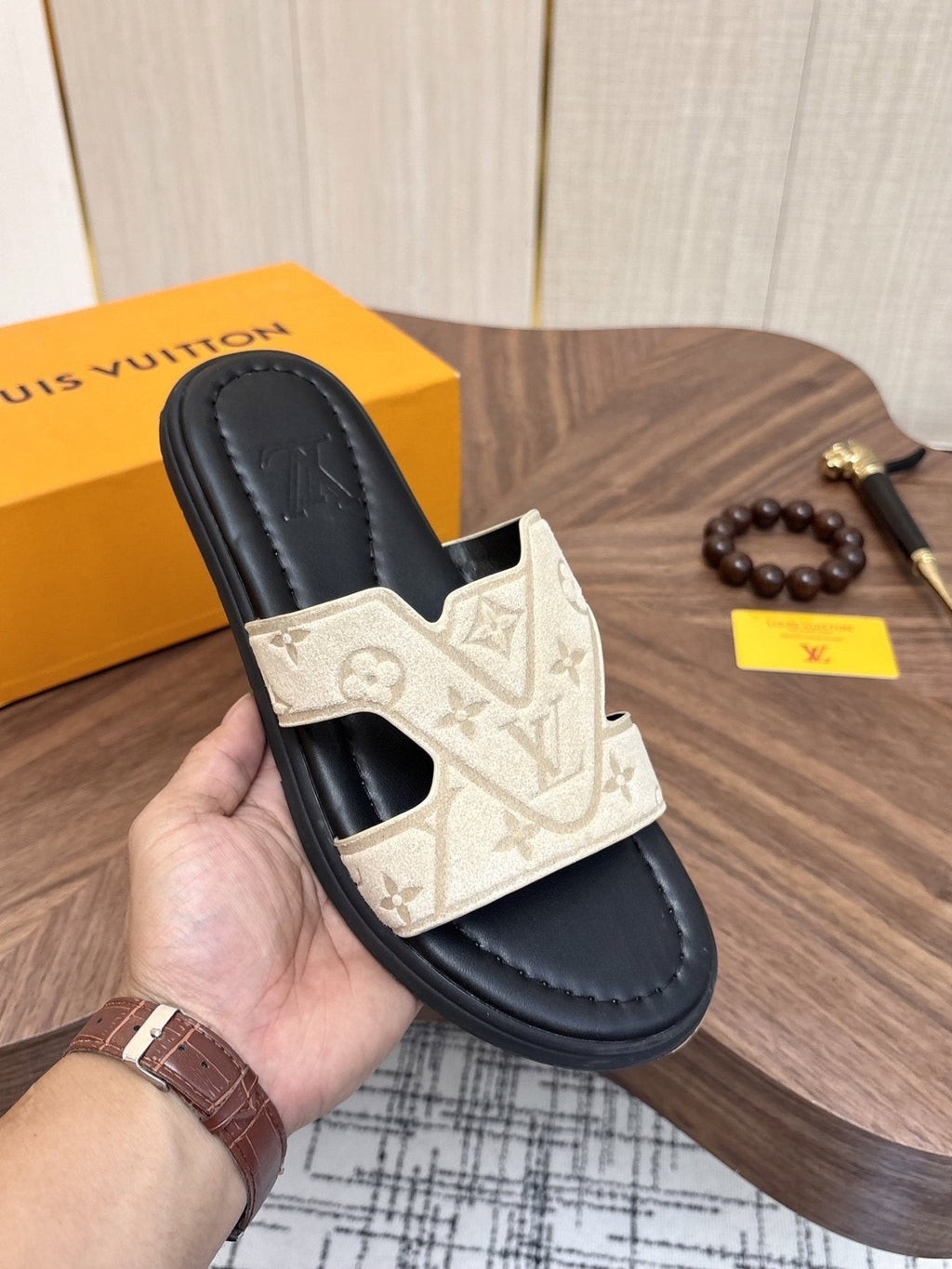 Louis Vuitton Monogram Slide Sandals — model
