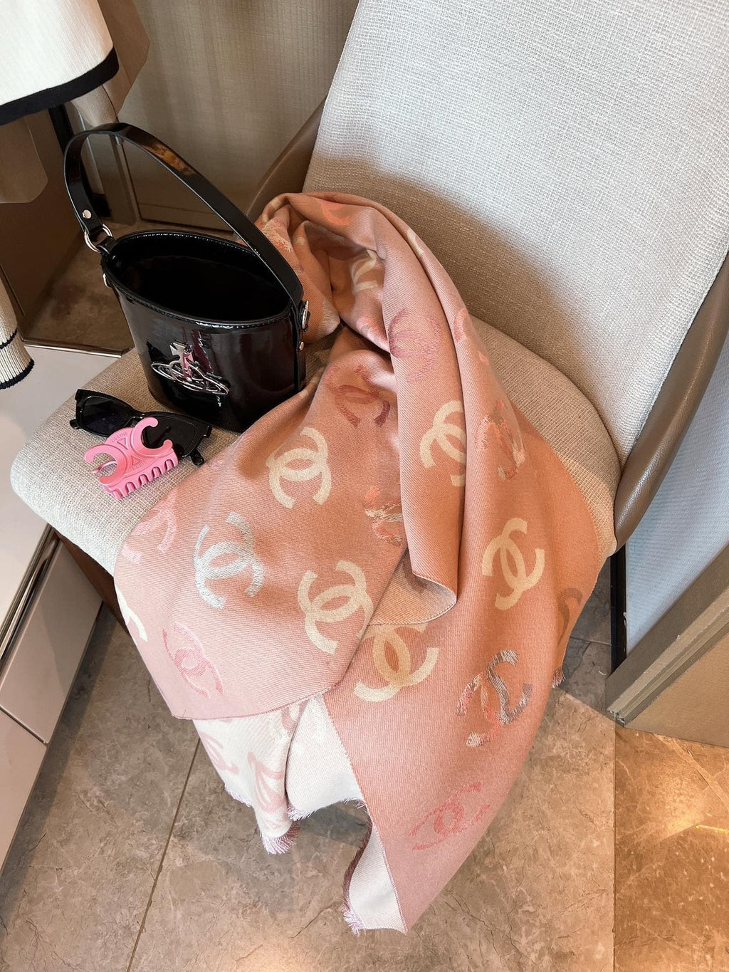 Chanel Patterned Fringed Scarf — front
