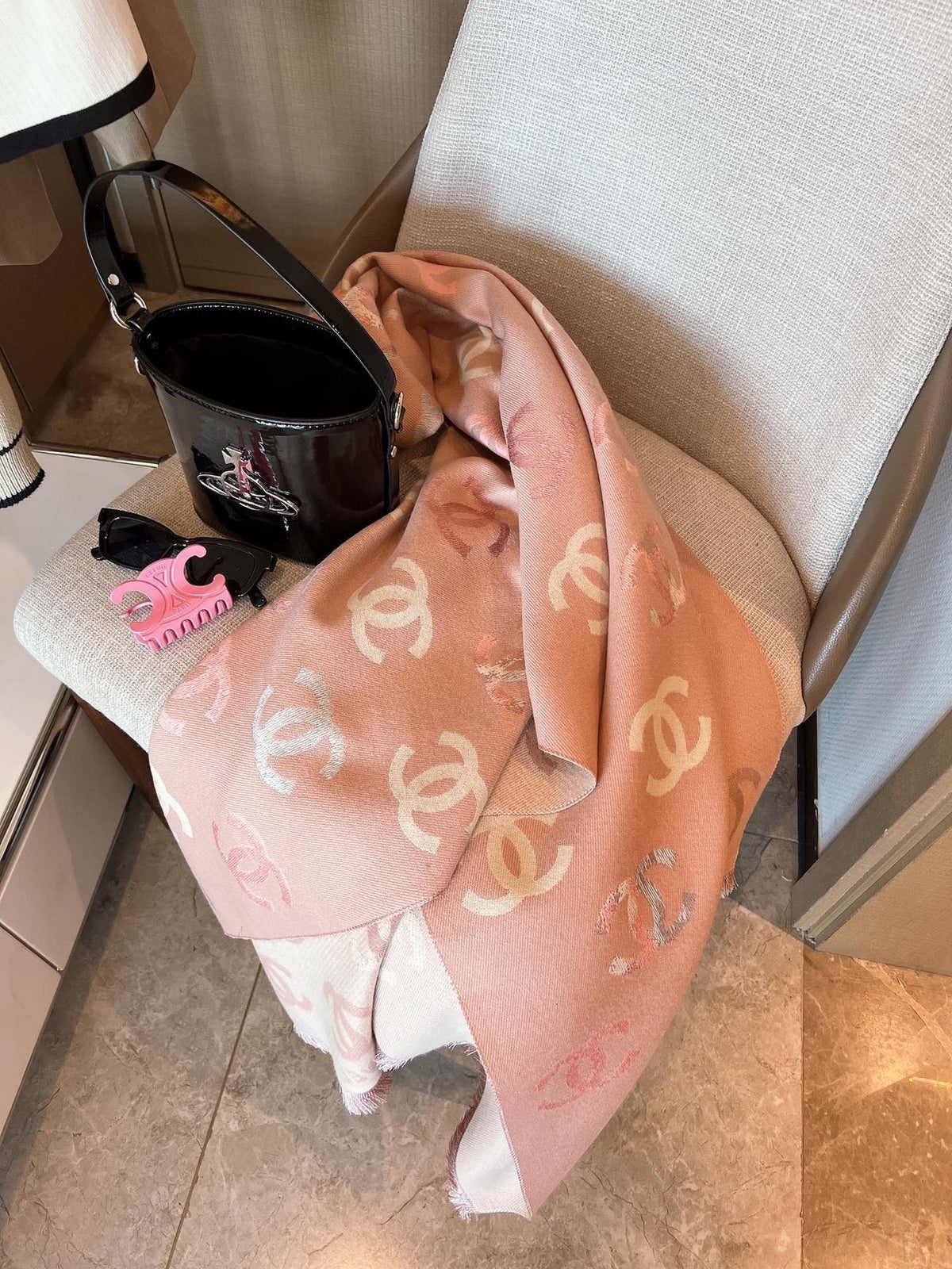 Chanel Patterned Fringed Scarf — front