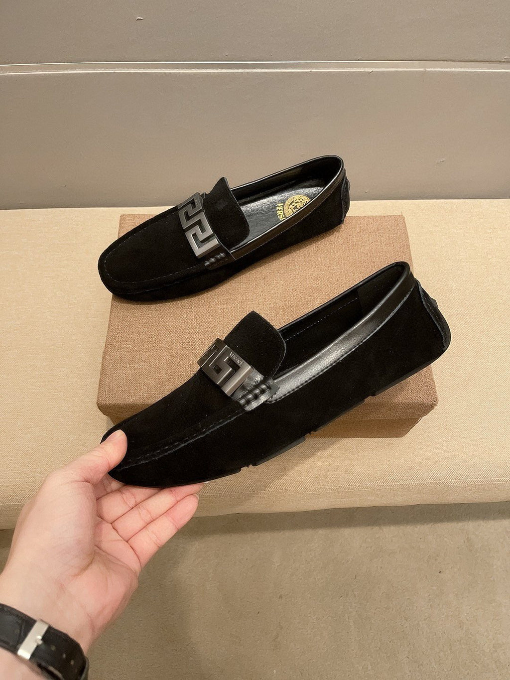 Versace Geometric Buckle Loafers — front