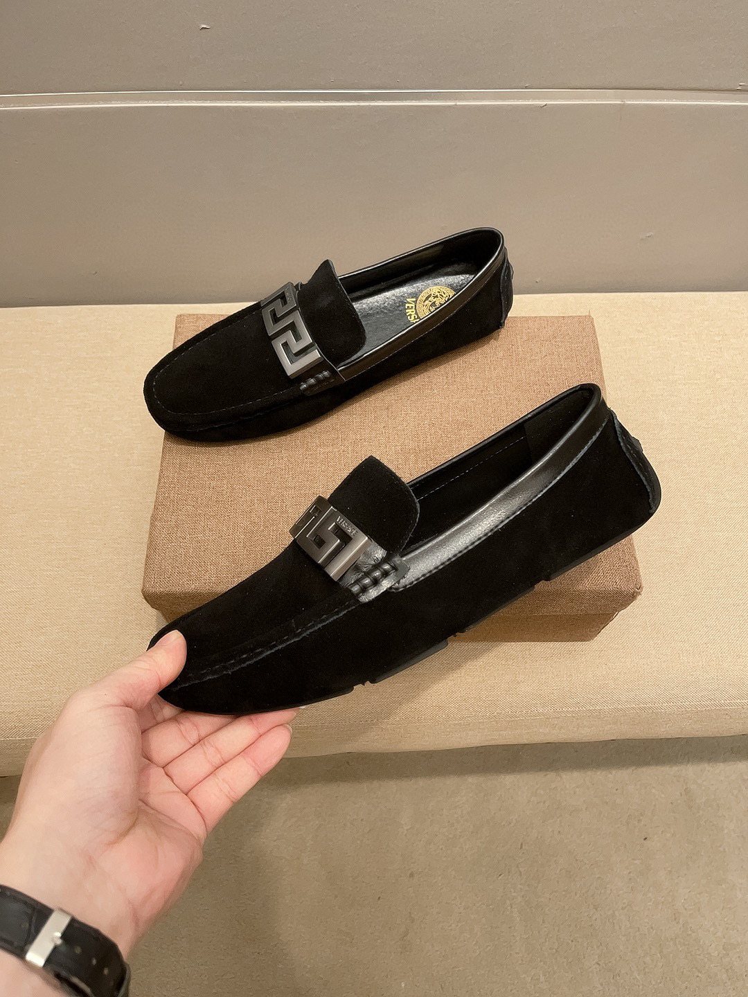 Versace Geometric Buckle Loafers — front