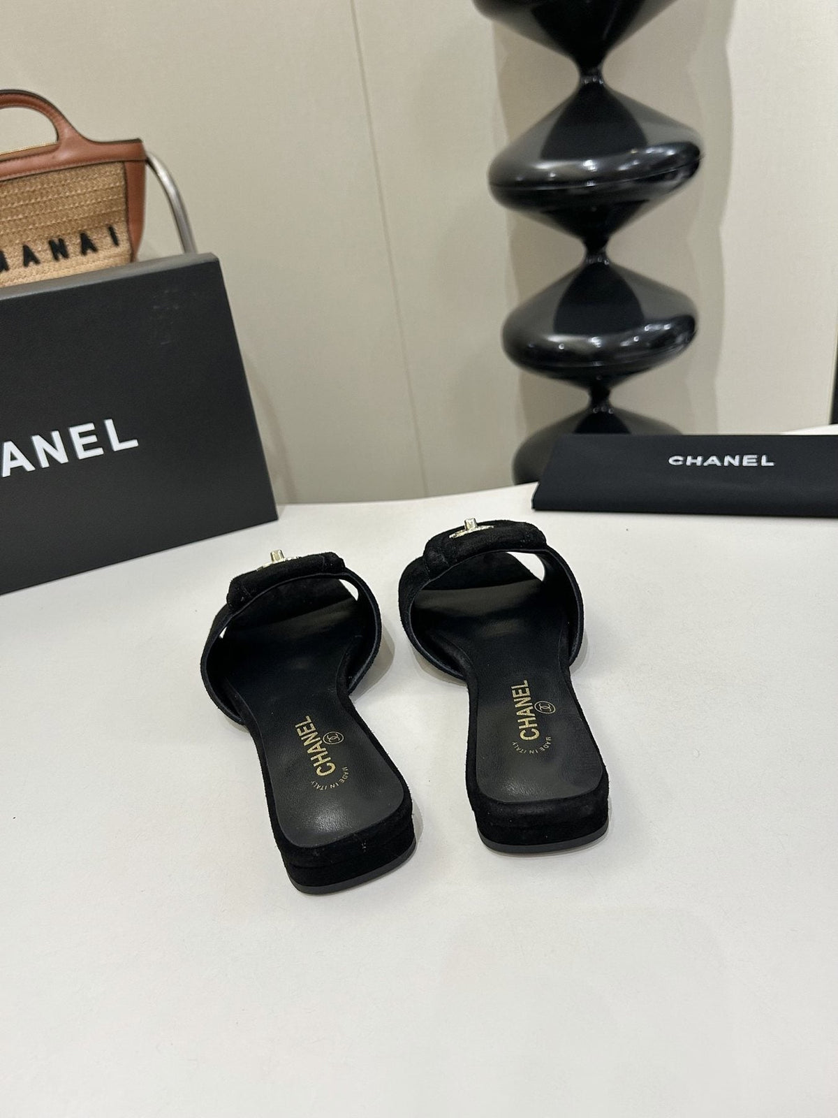 Chanel Square-Toe Emblem Slide Sandals — back