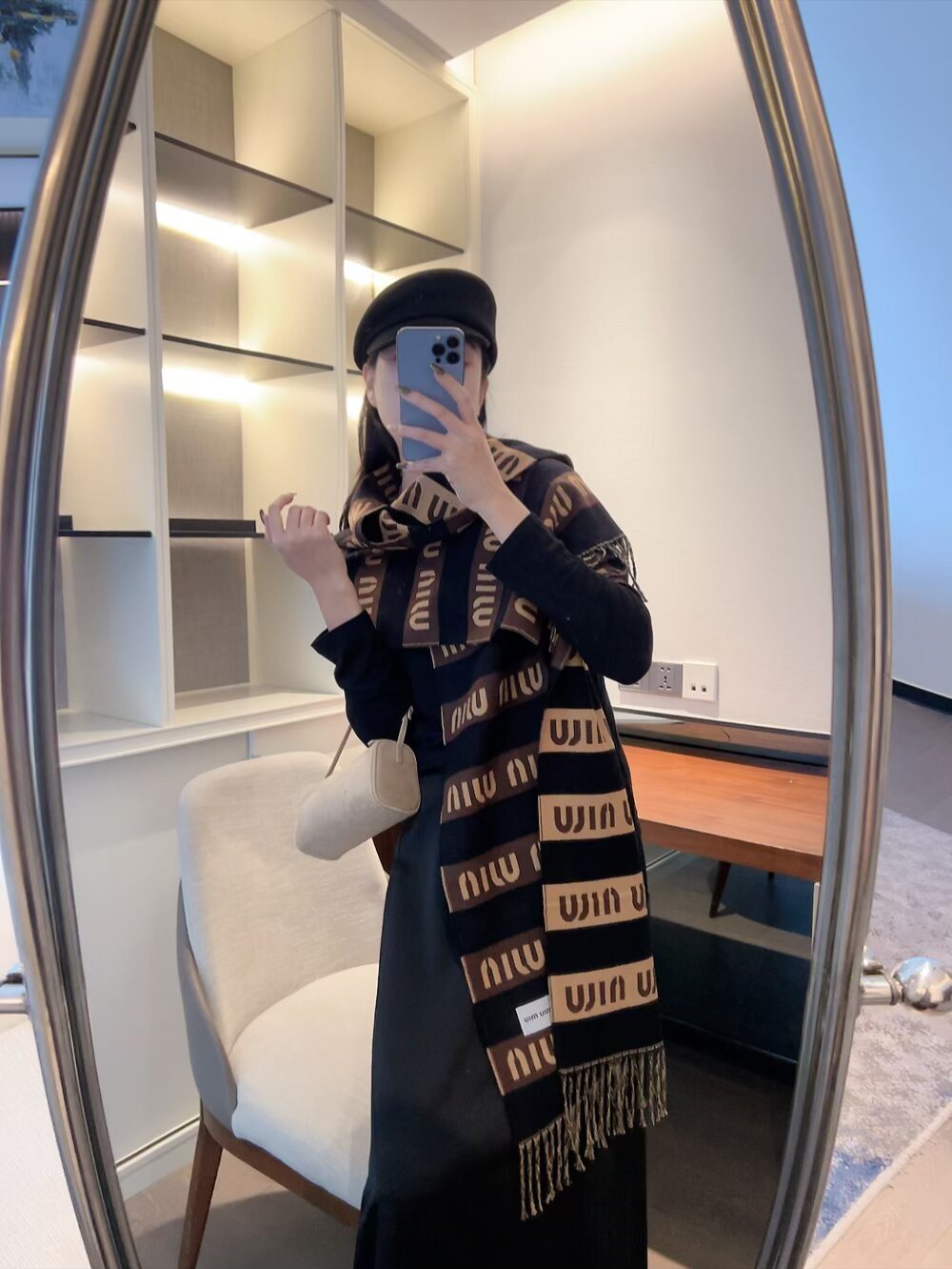 Miu Miu Gray, Black & White Fringed Scarf — model
