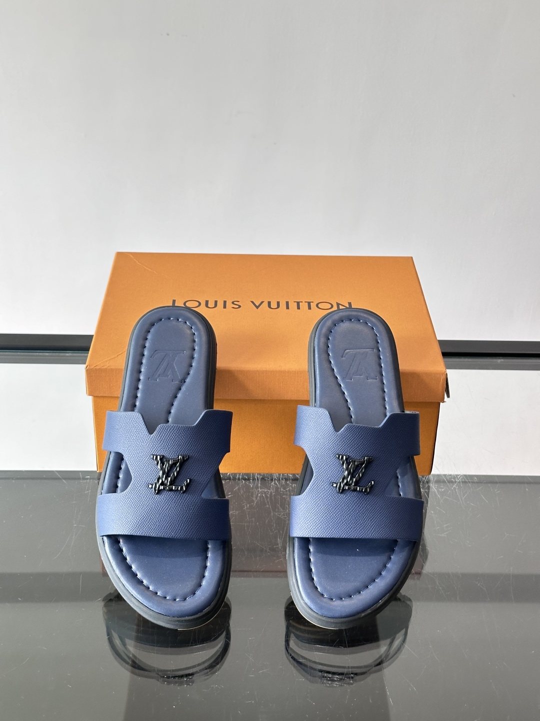Louis Vuitton Navy Blue Slide Sandals — front