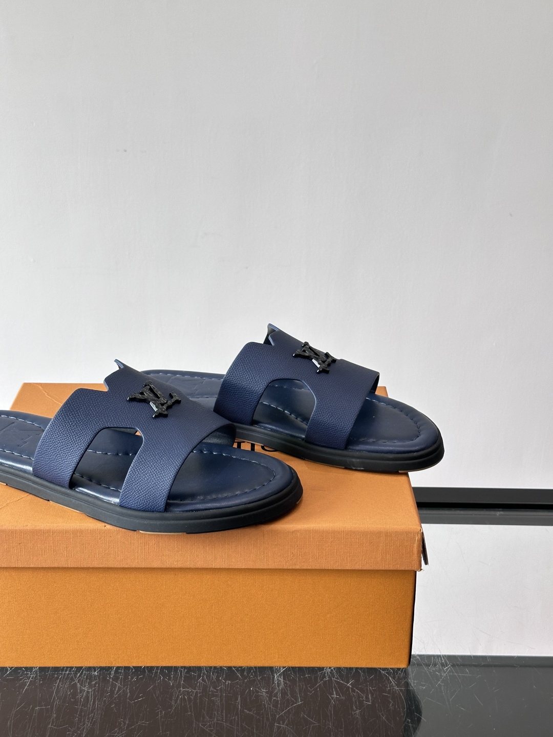 Louis Vuitton Navy Blue Slide Sandals — side