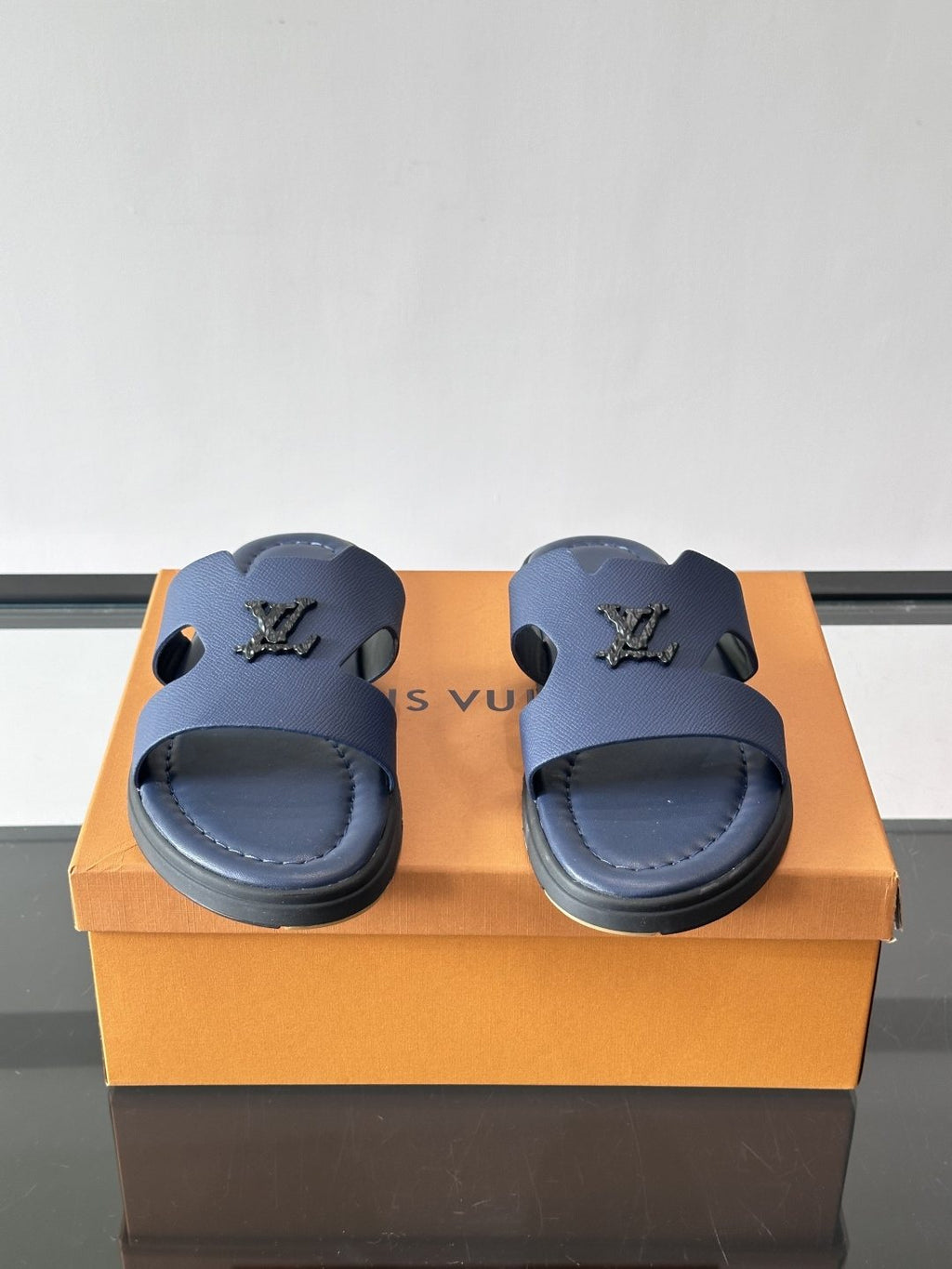 Louis Vuitton Navy Blue Slide Sandals — front