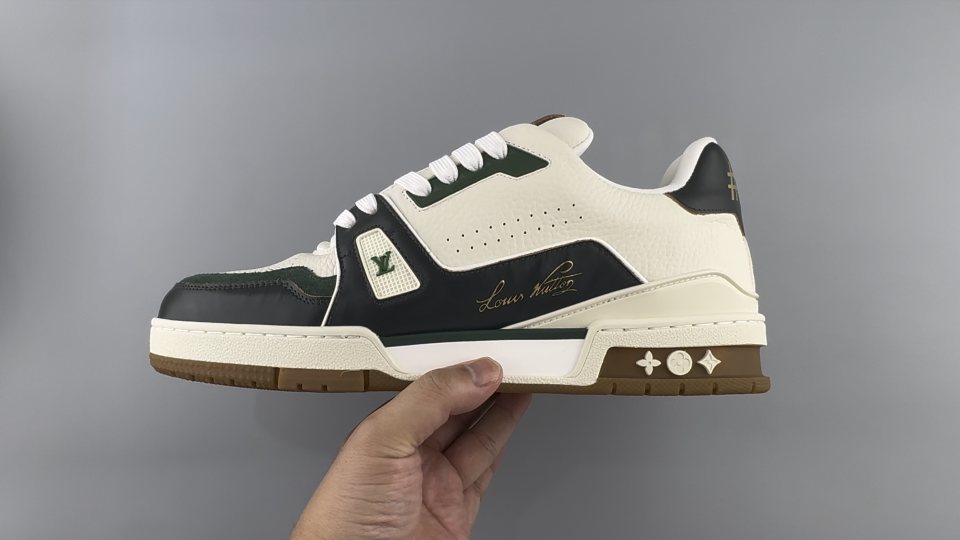 Louis Vuitton White, Green & Black Trainer Sneaker — side